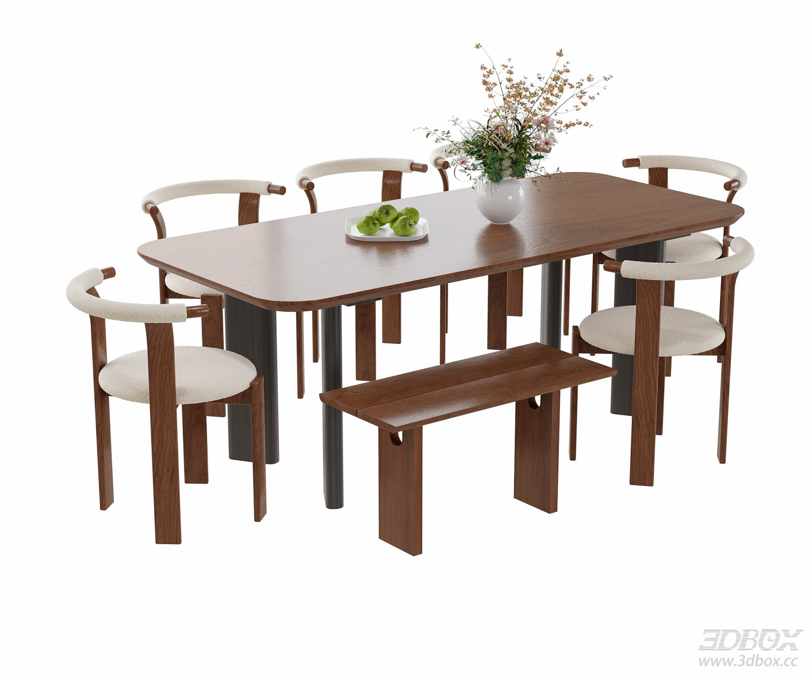 Modern Walnut Dining Table Set with Chairs and Bench