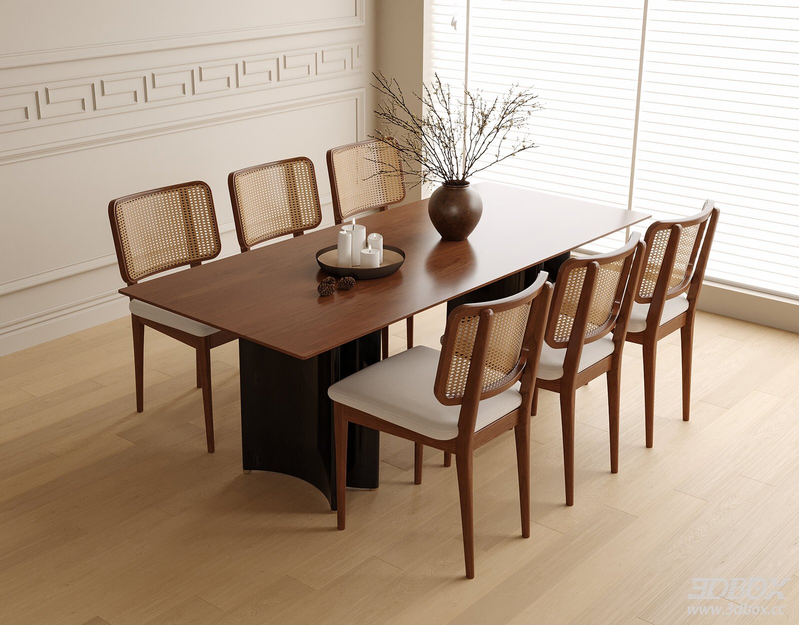 Modern Wooden Dining Table with Rattan Back Chairs Set