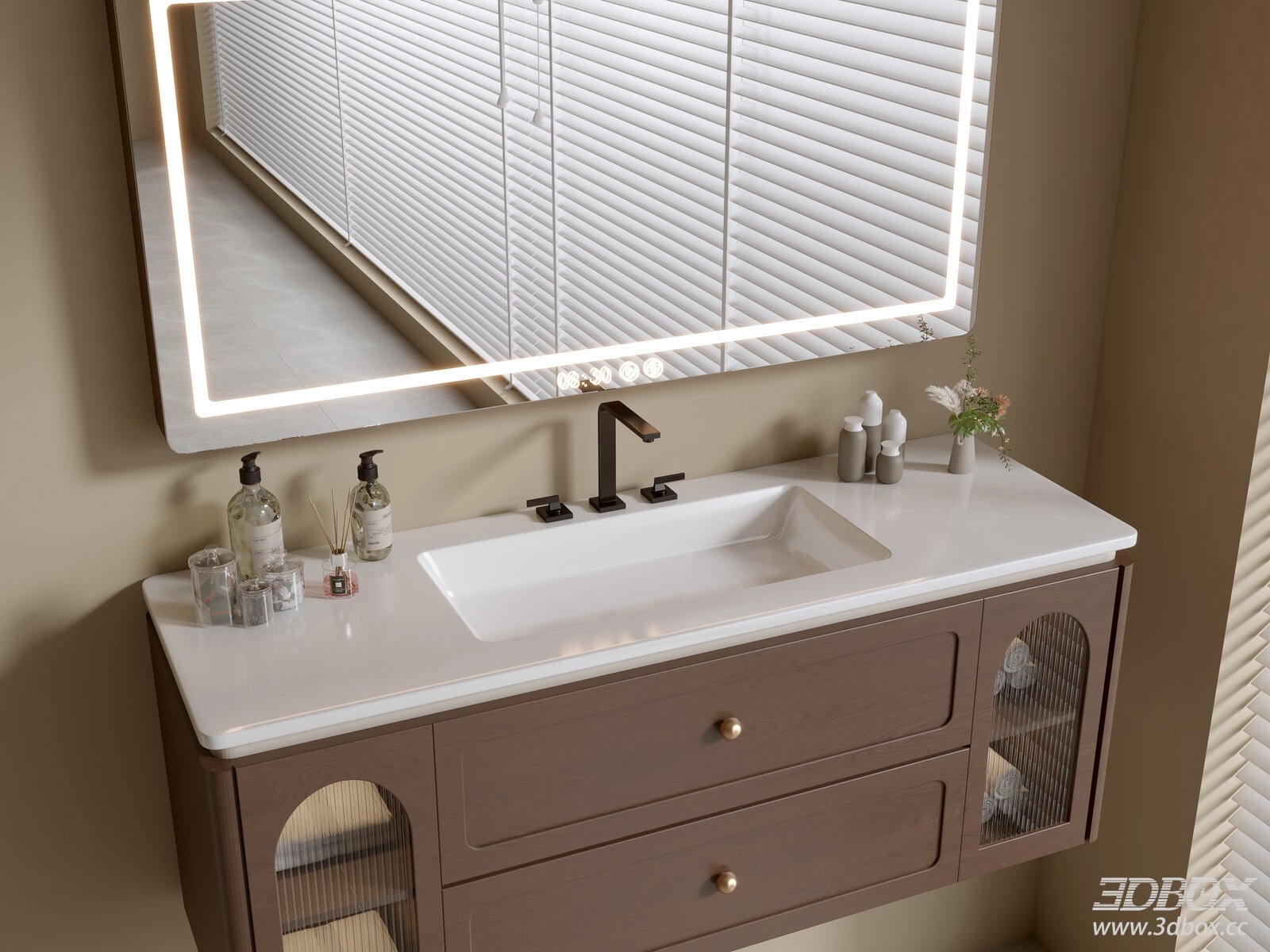 Modern Wooden Bathroom Vanity with Backlit Mirror