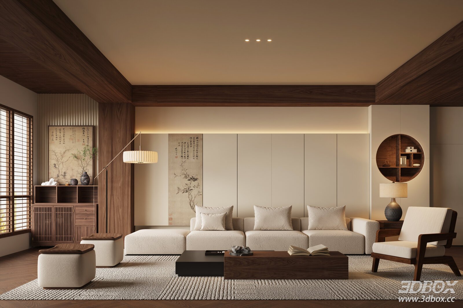 Modern Chinese Style Walnut Wood Living Room Interior