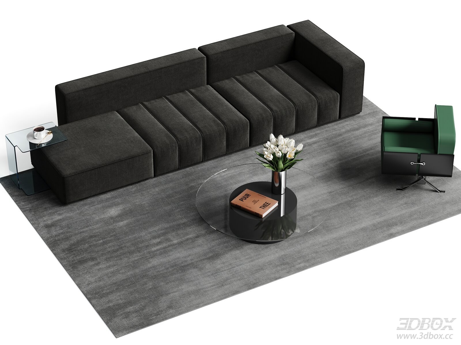 Modern Fabric Sectional Sofa Set with Glass Coffee Table