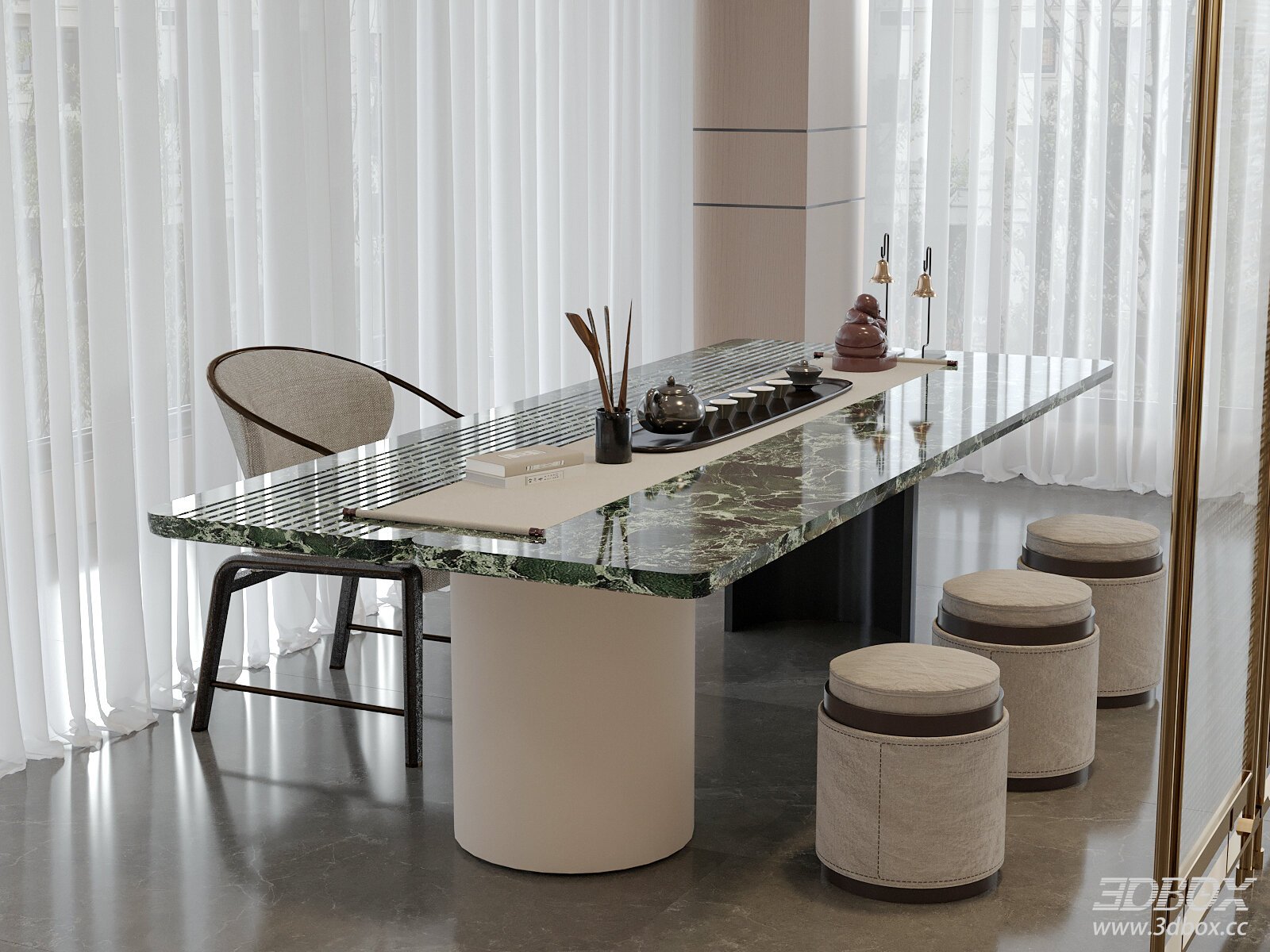 Modern Marble Top Tea Table with Chairs and Tea Set