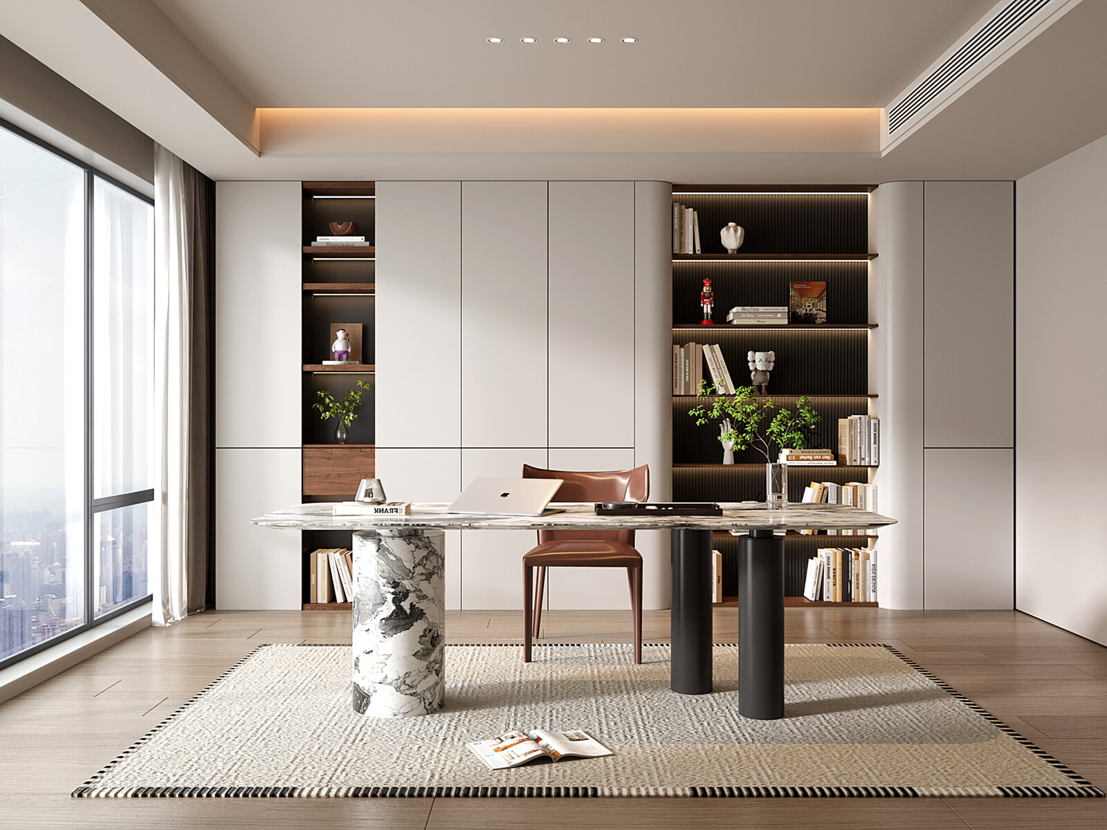 Modern Minimalist Study Room with Marble Desk and Bookshelf