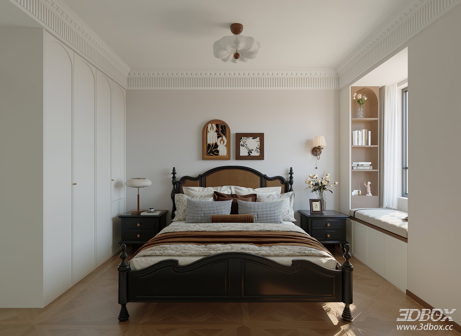 French Mid-Century Style Bedroom Interior Scene