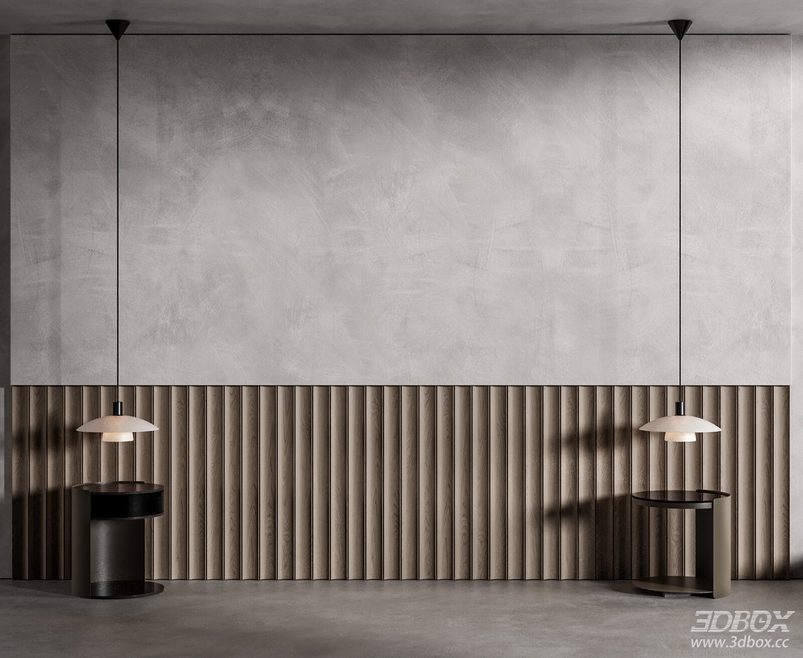 Modern Minimalist Bedroom Scene With Wood Slat Wall And Side Tables
