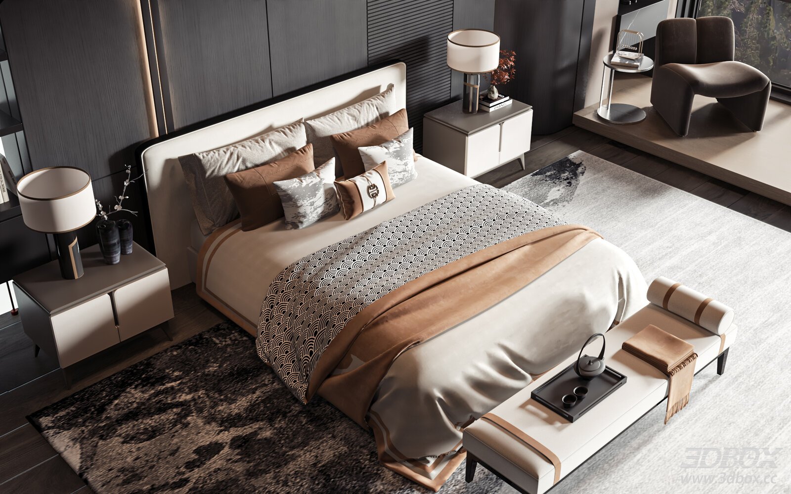 New Chinese Style Luxury Bedroom Interior Scene