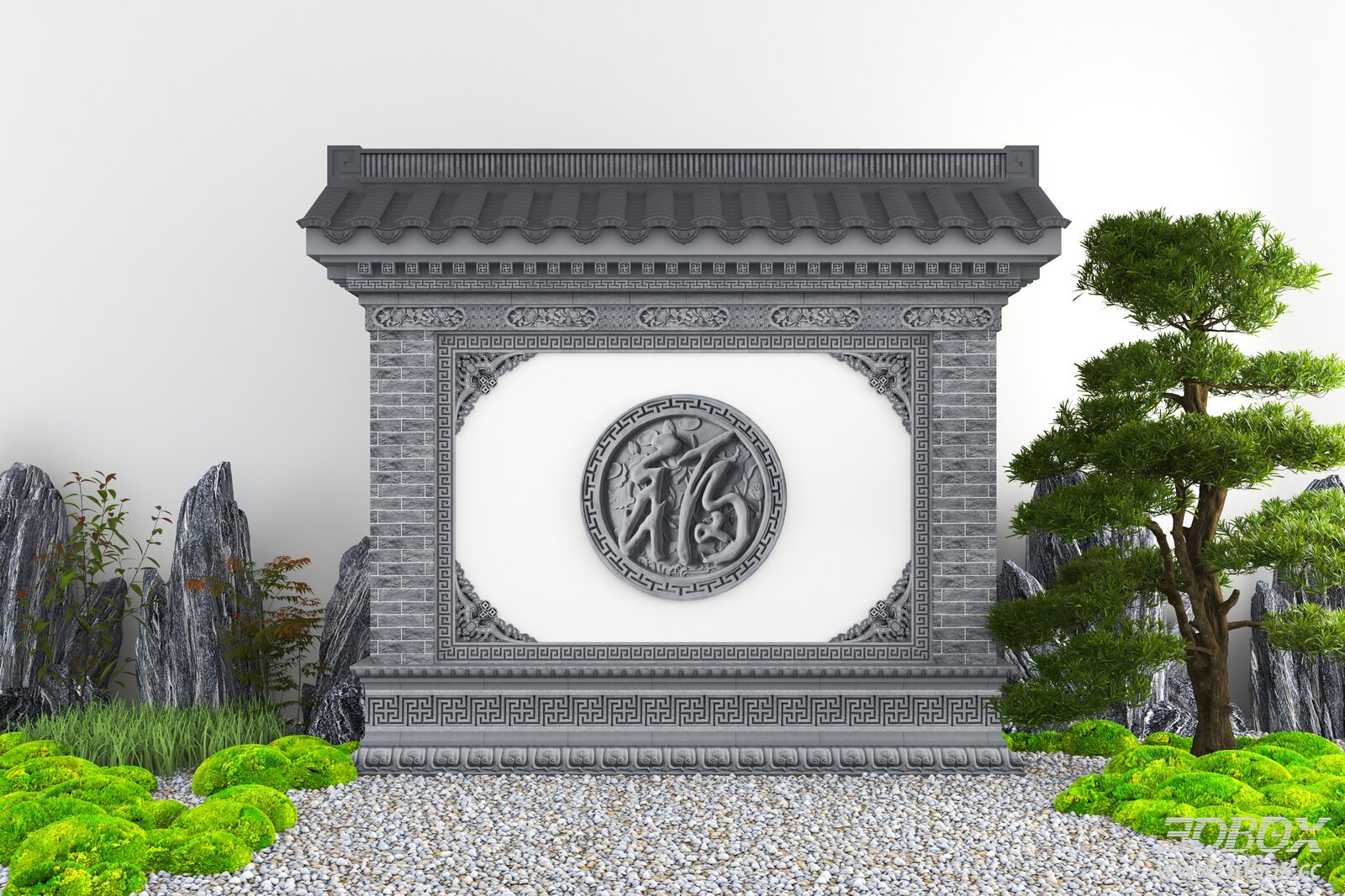 Chinese Traditional Screen Wall with Stone Carving Courtyard Landscape
