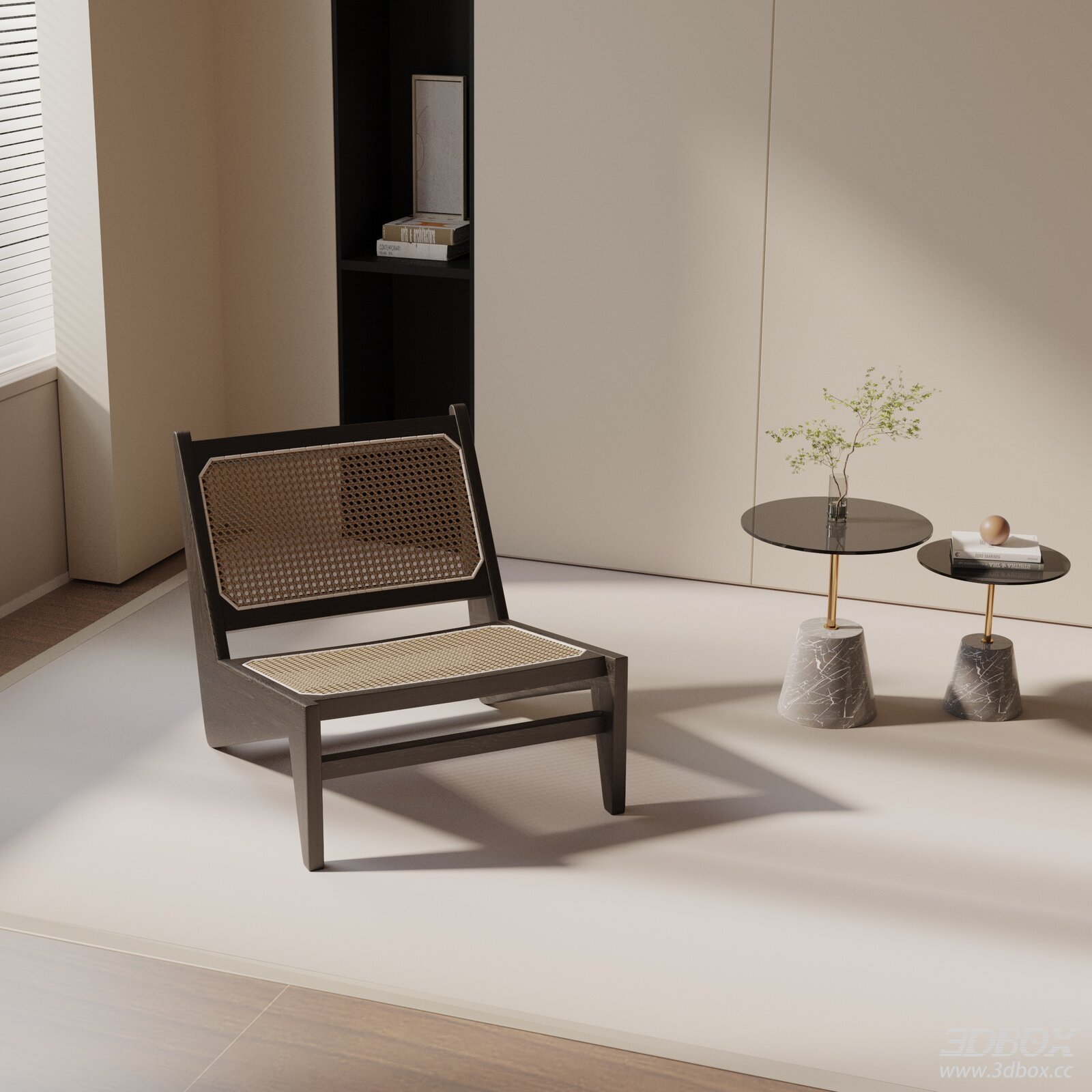 Modern Woven Rattan Armchair with Side Tables