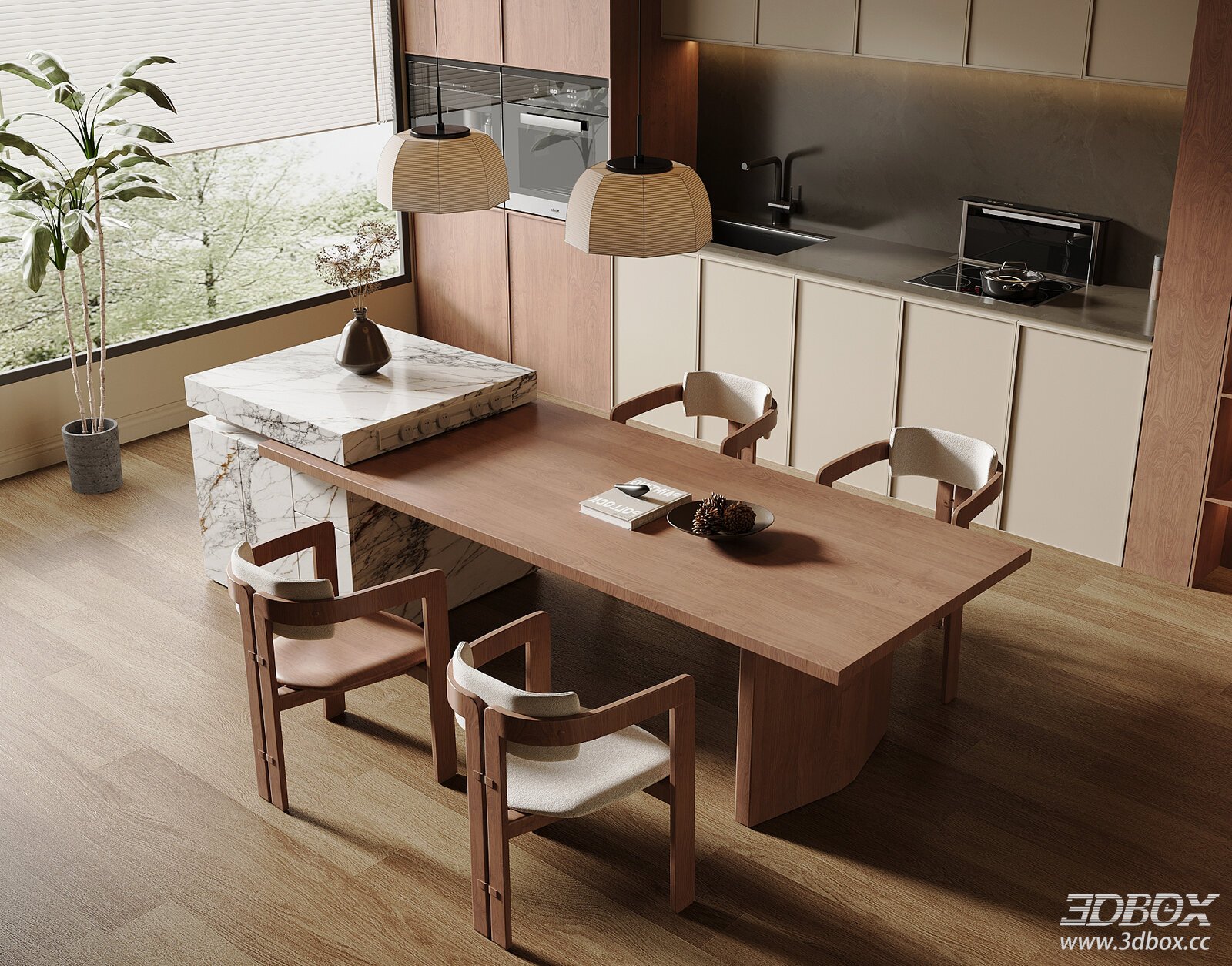 Mid Century Modern Kitchen Dining Room with Marble Island