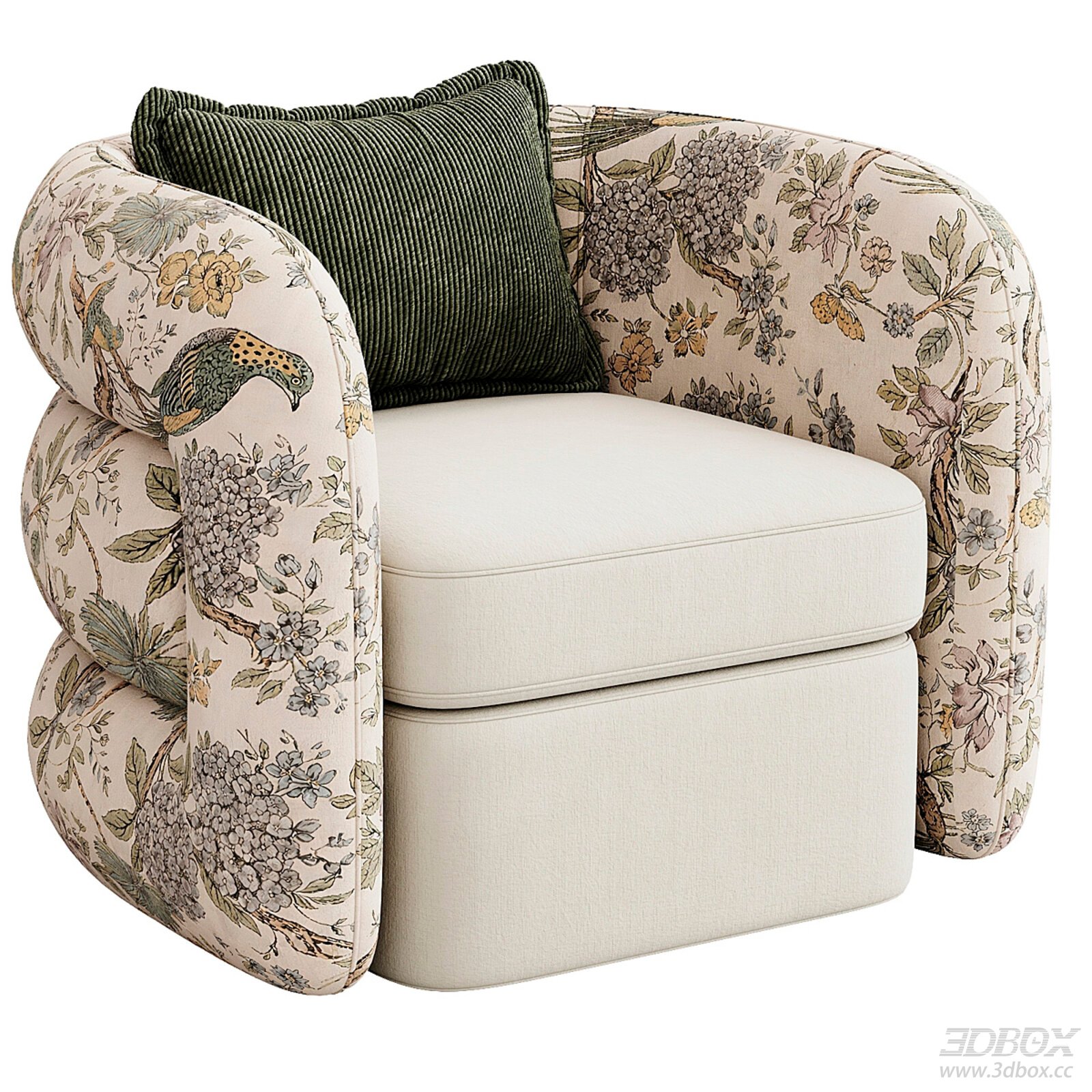 Floral Print Upholstered Single Armchair with Decor Pillow