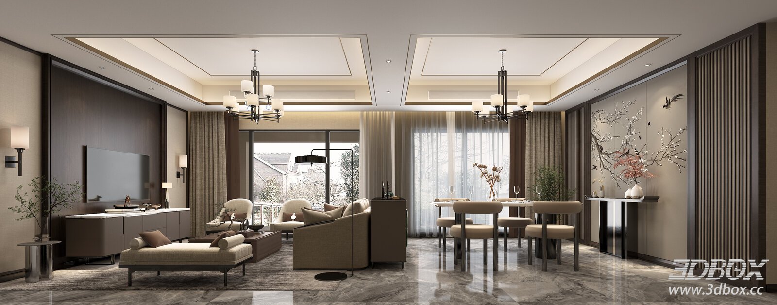 New Chinese Style Living and Dining Room Interior