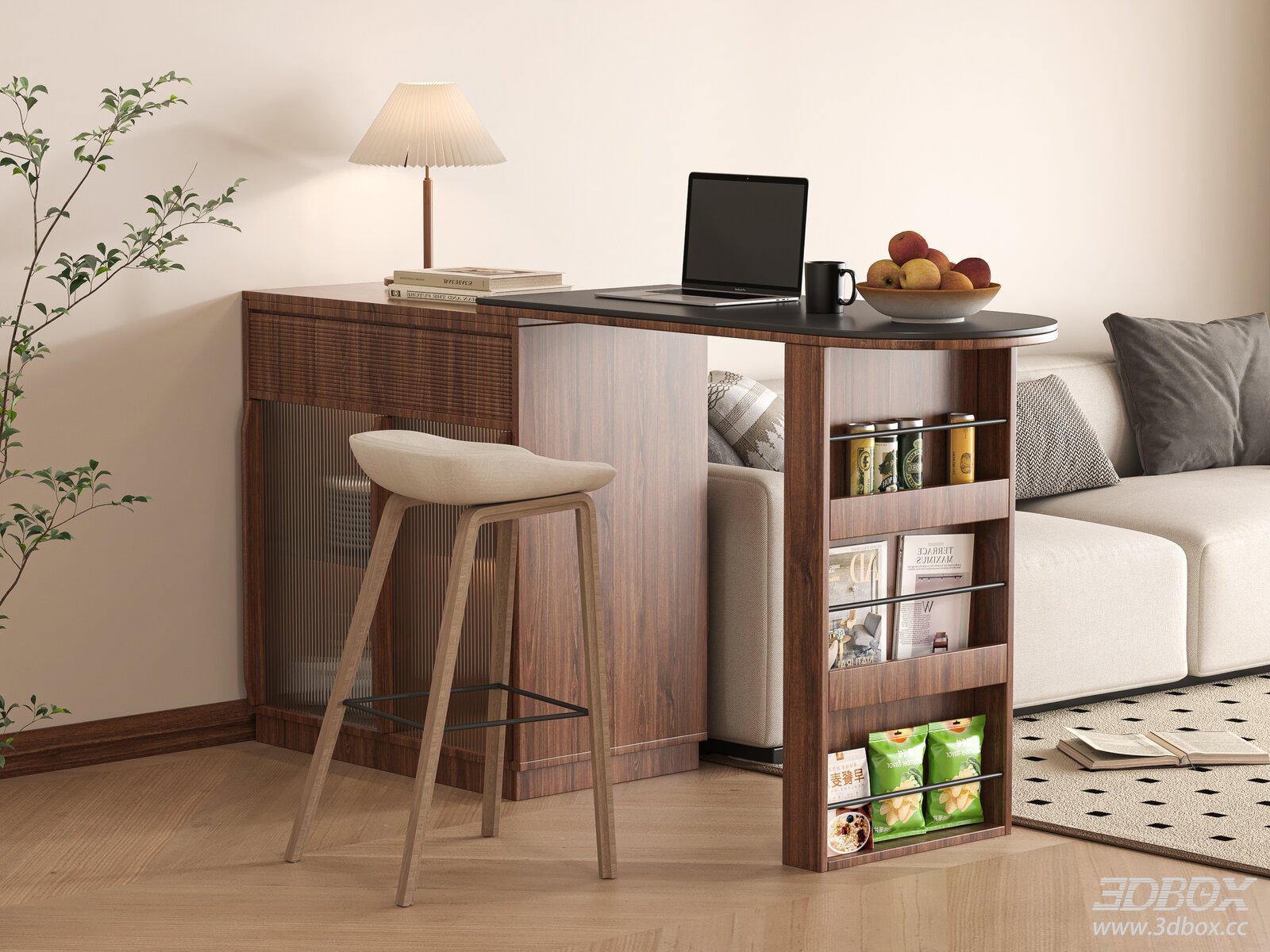 Modern Home Bar Counter with Bar Stool and Storage Shelf