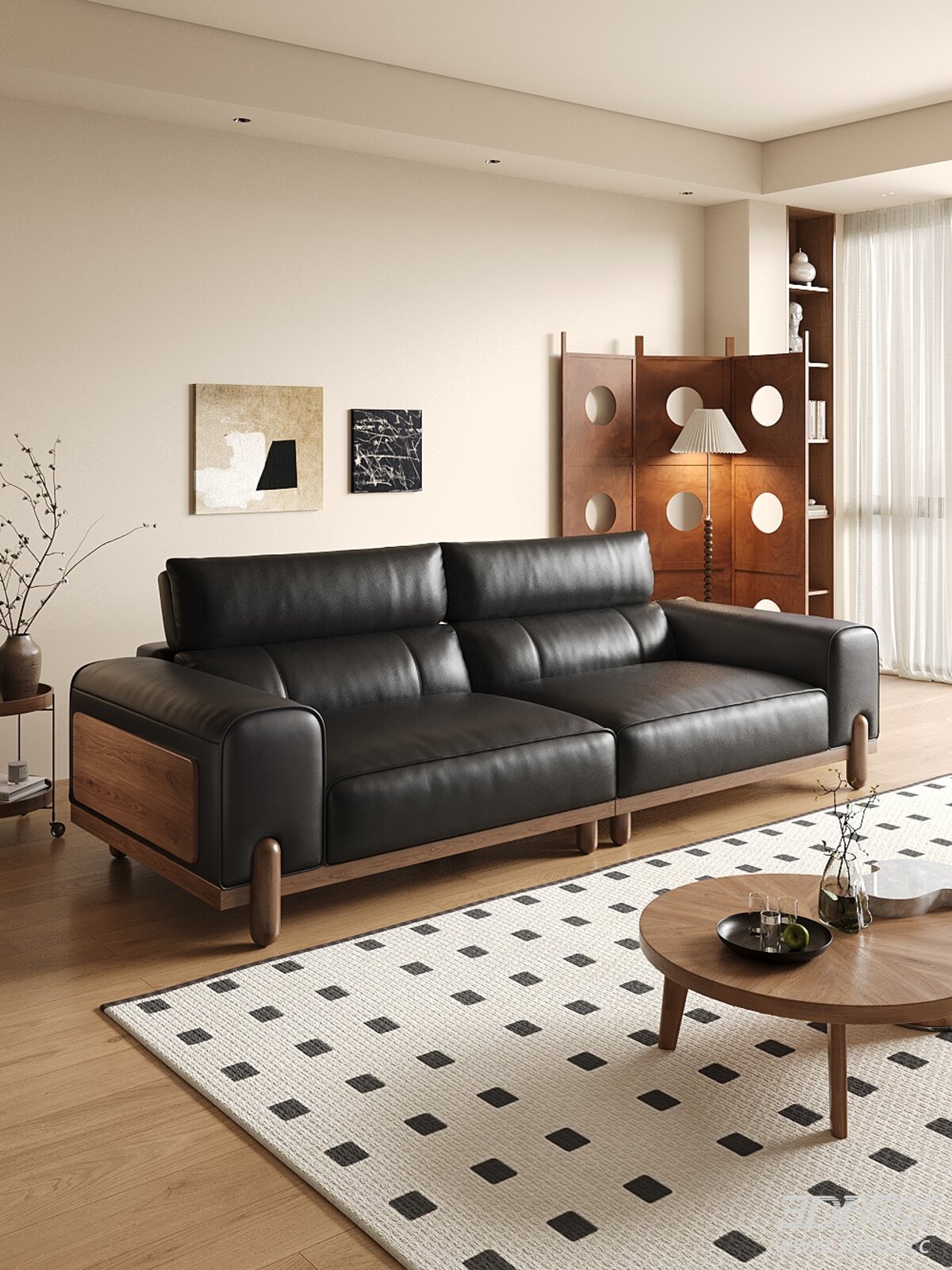 Mid Century Modern Living Room with Leather Wooden Sofa