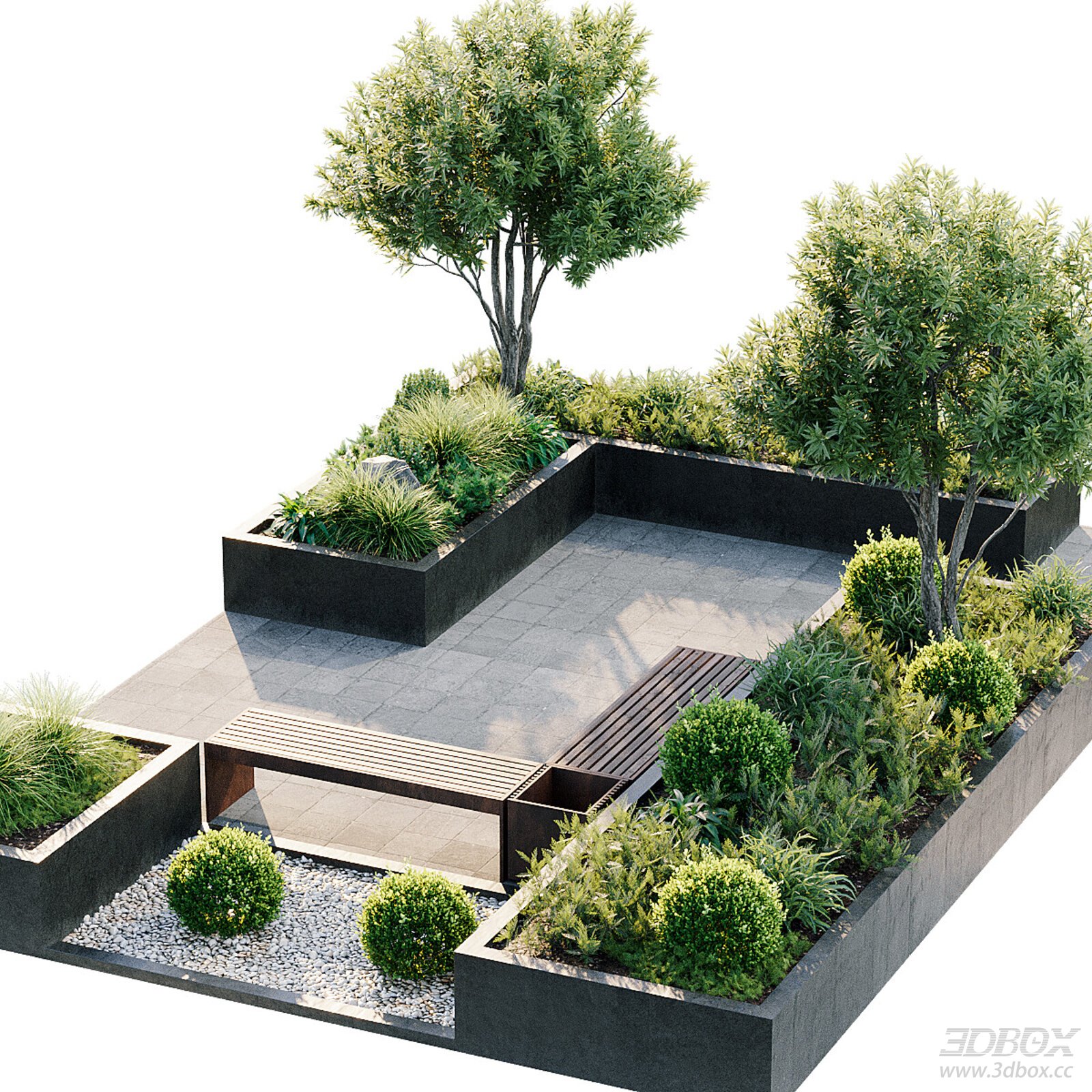 Modern Outdoor Landscape Garden Plant Set With Bench