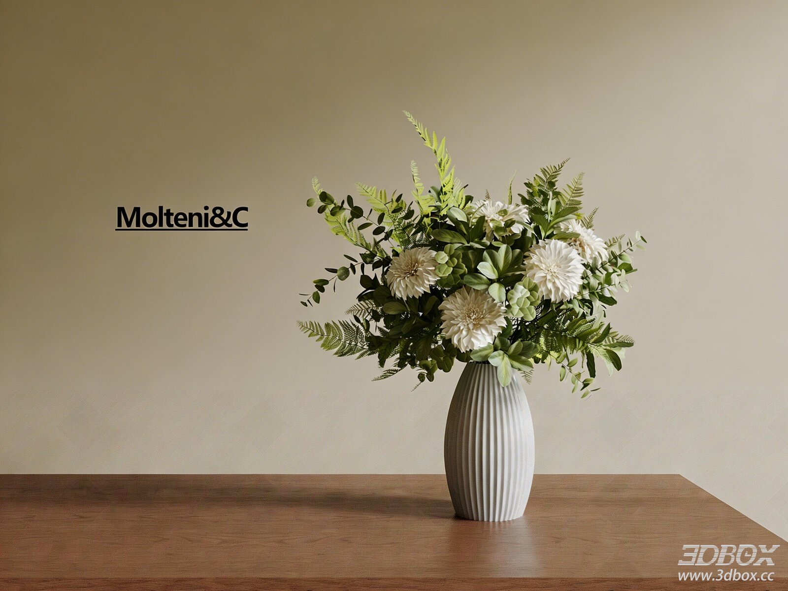 Modern Ribbed Ceramic Vase with White Dahlia Floral Arrangement