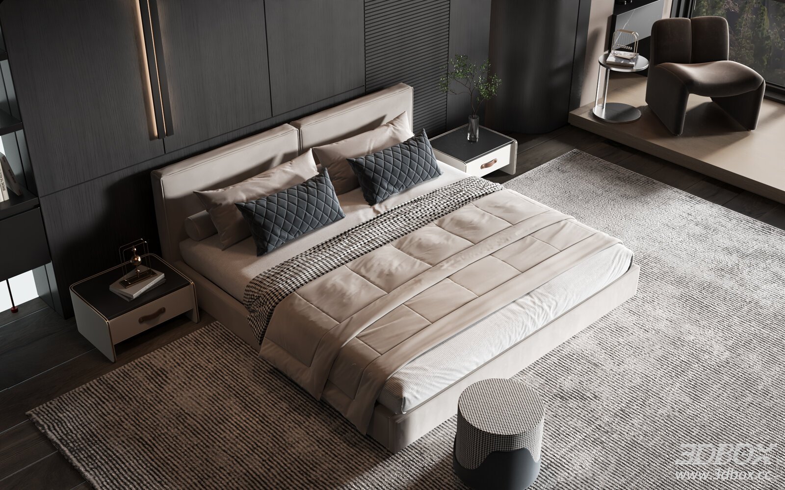 Modern Luxury Minimalist Double Bedroom Interior Scene