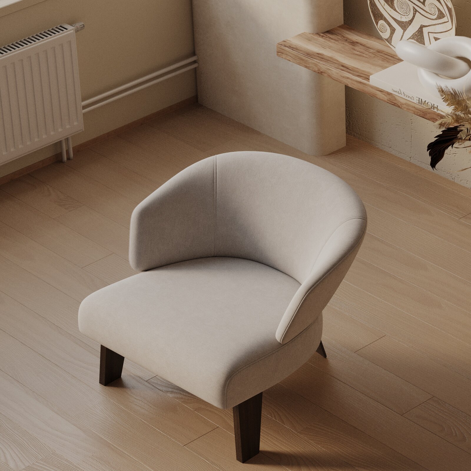 Modern Beige Fabric Upholstered Armchair with Wooden Legs