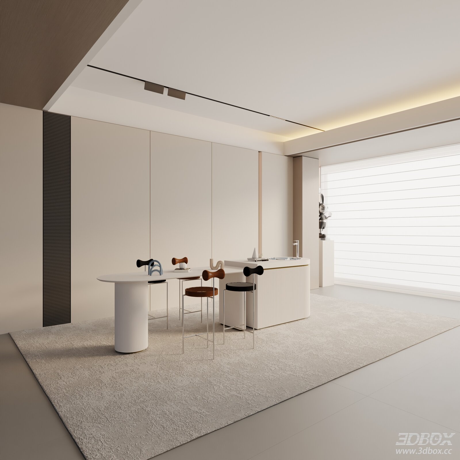 Modern Minimalist Dining Room with Dining Table and Bar Counter