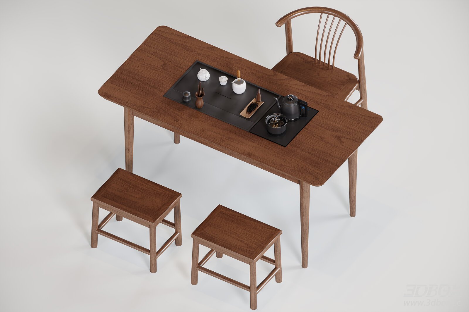 Mid-century Wooden Tea Table Set with Chairs and Tea Ware