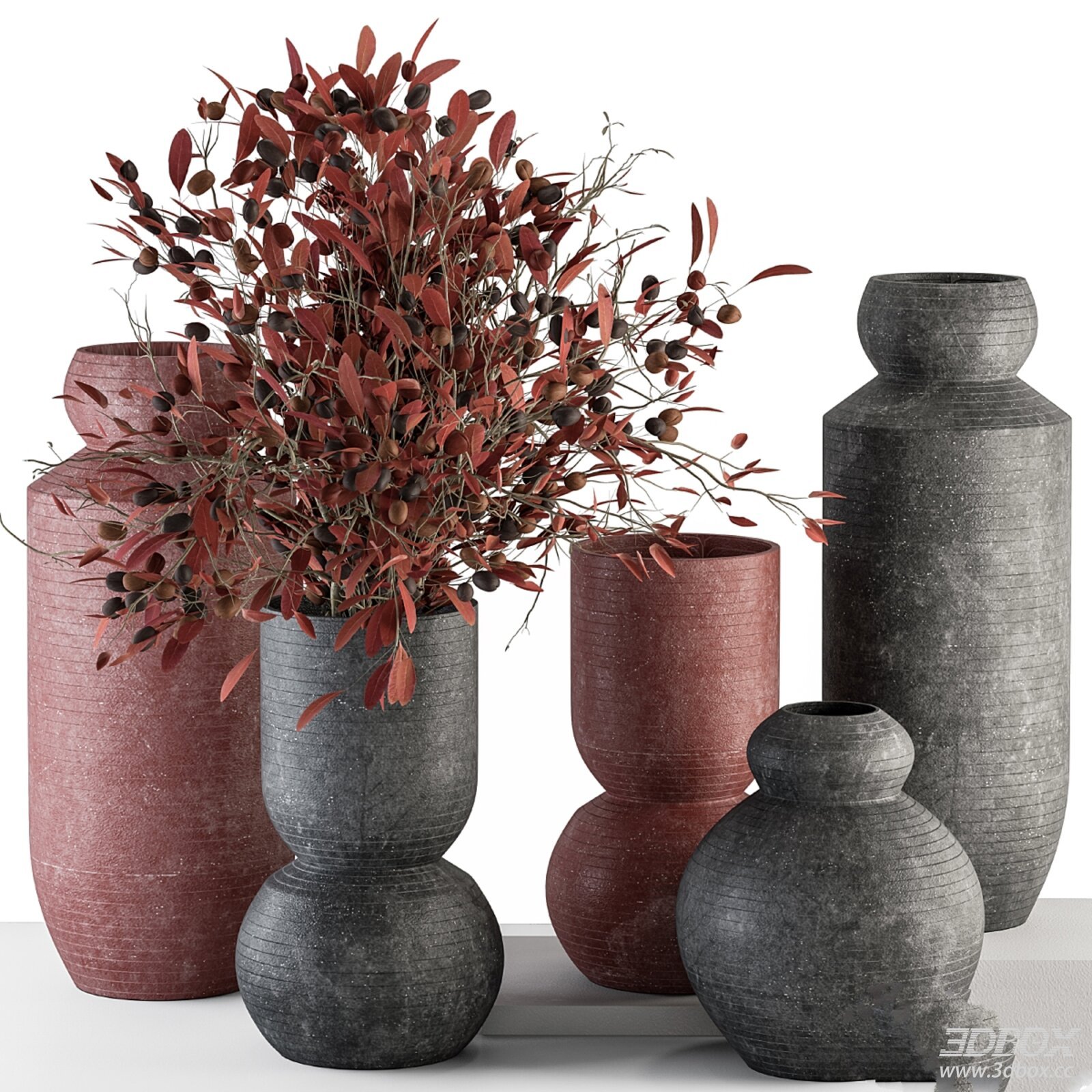 Red Gray Vases Dried Foliage Decorative Set