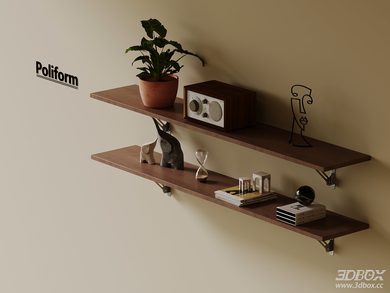 Mid Century Modern Walnut Wall Shelf Decor Set