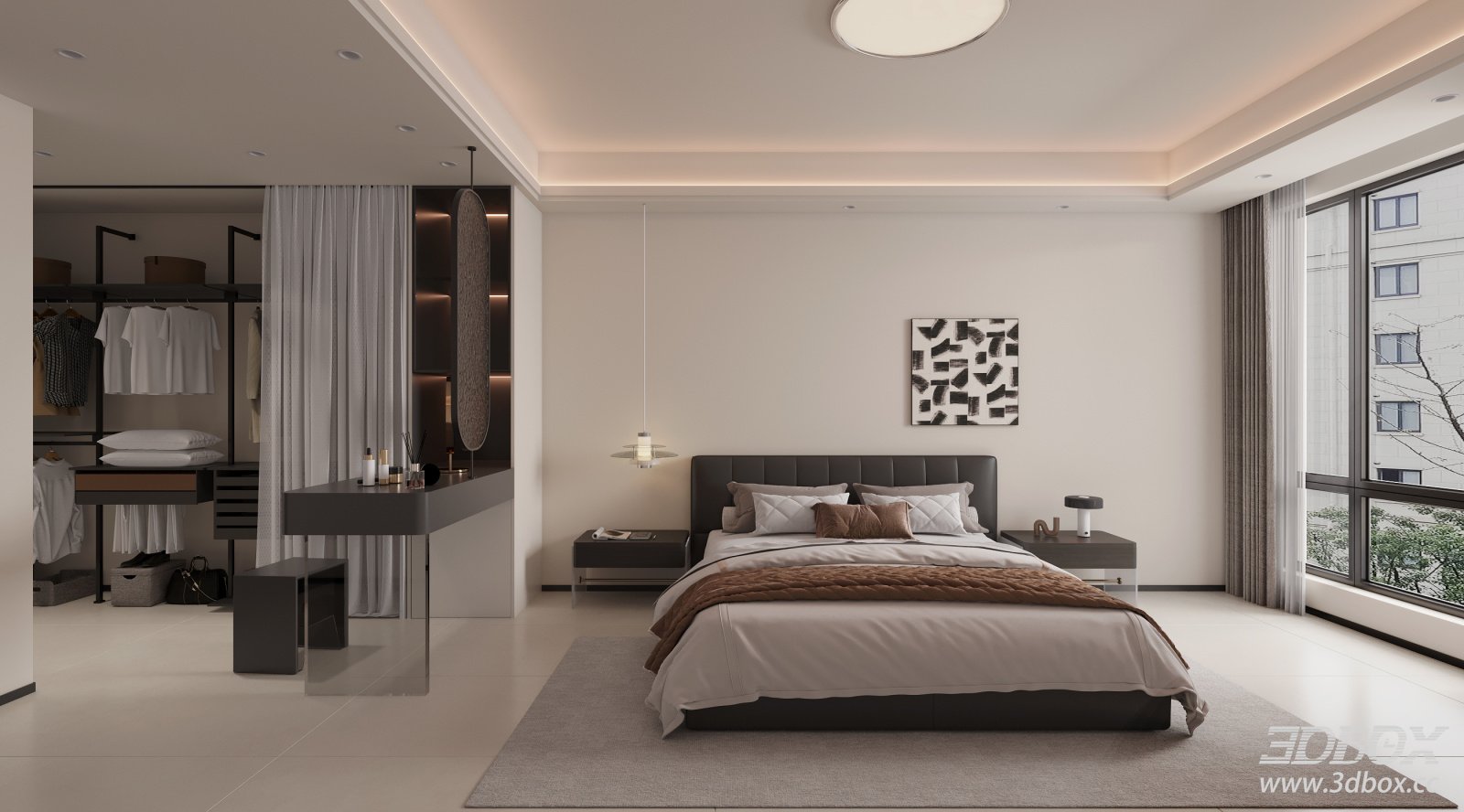 Modern Minimalist Bedroom with Open Wardrobe and Leather Bed