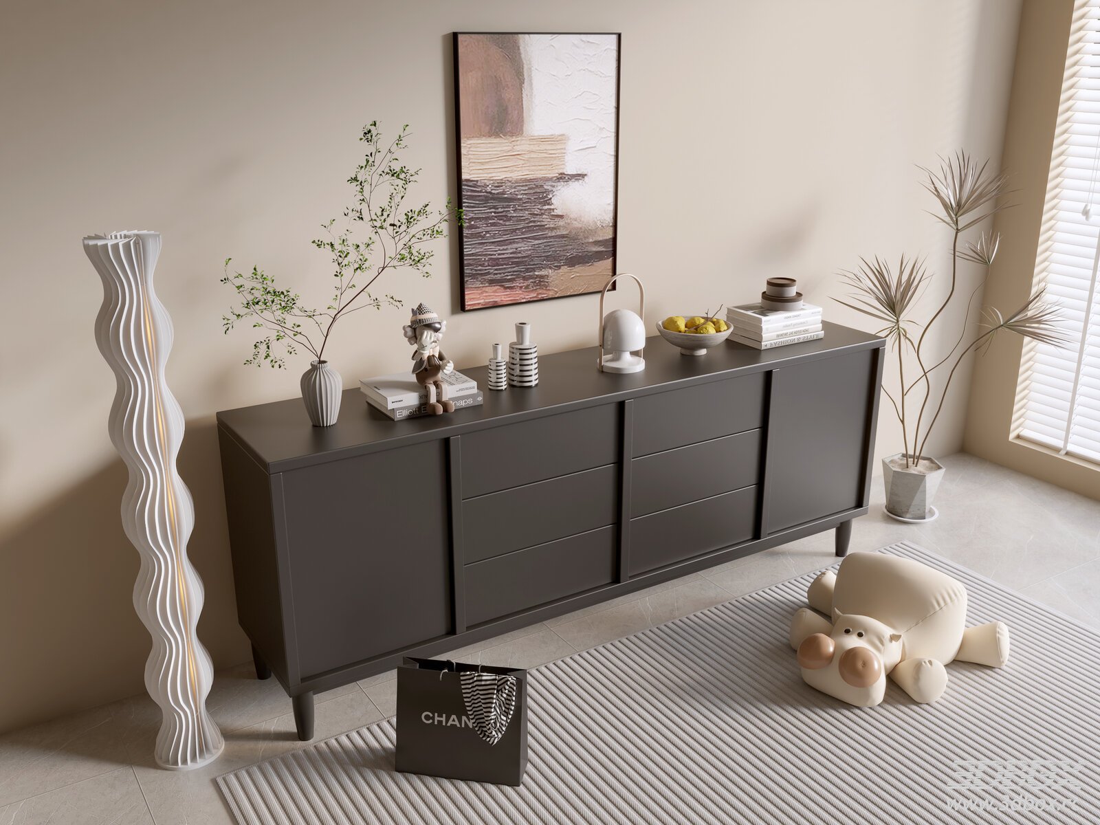 Modern Dark Gray Sideboard with Decor Set