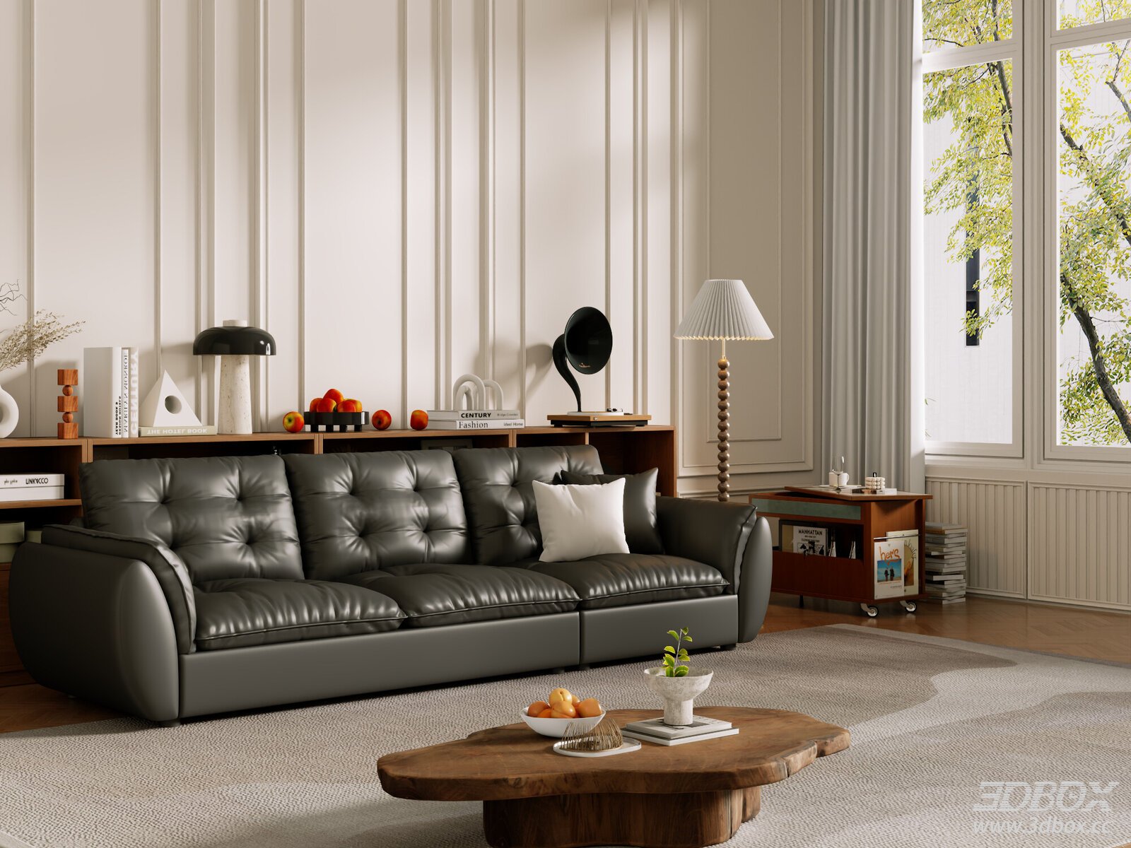 Vintage Style Living Room with Leather Sofa and Wooden Coffee Table