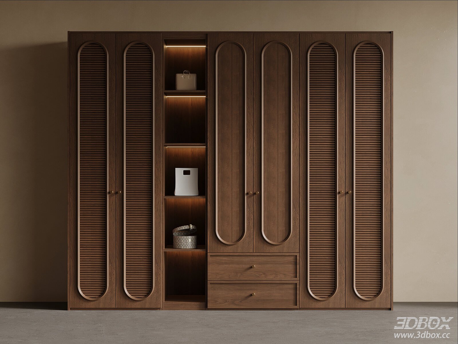 Mid-century Walnut Wood Wardrobe with Louvered Doors and Built-in Light