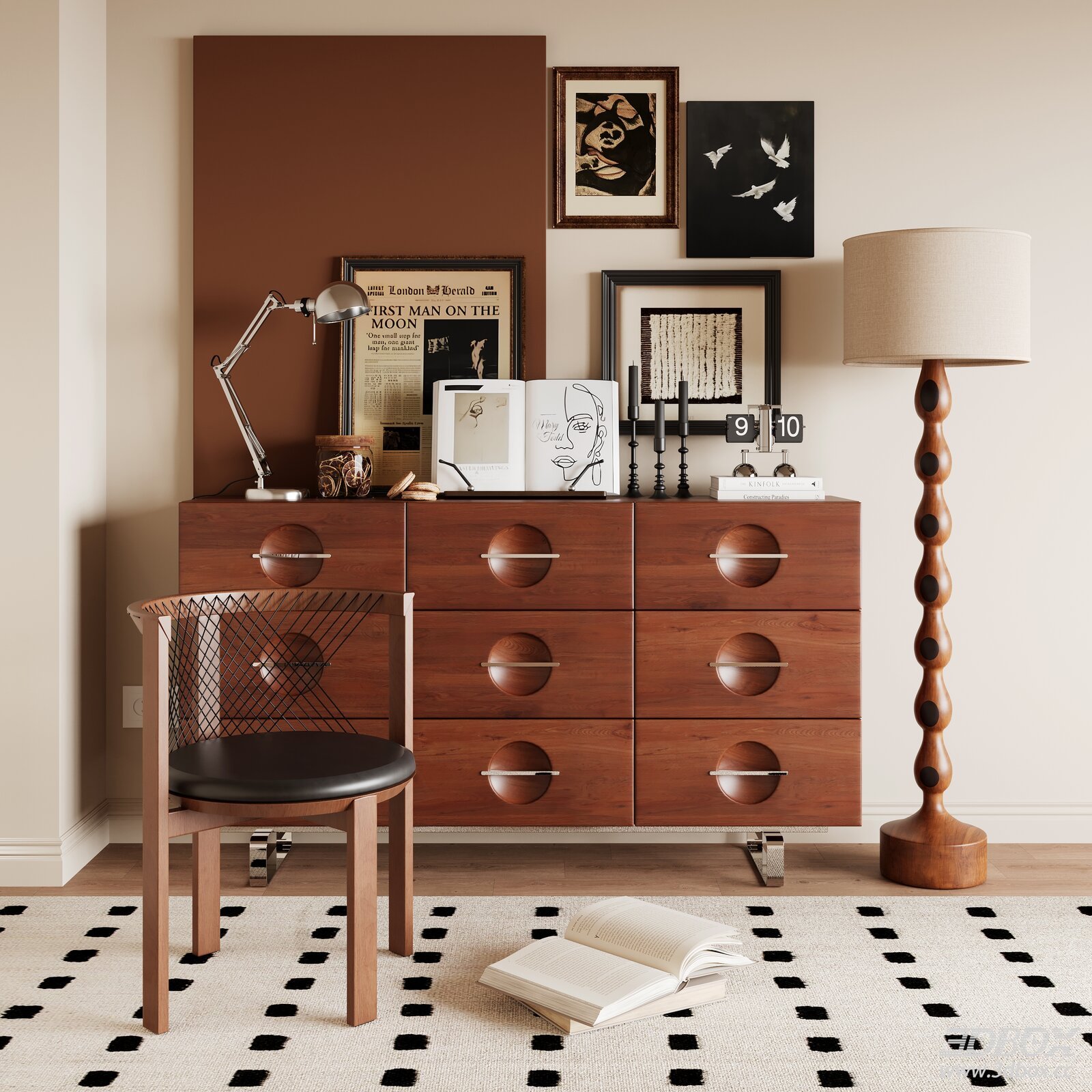 Mid Century Modern Walnut Wood Sideboard Scene