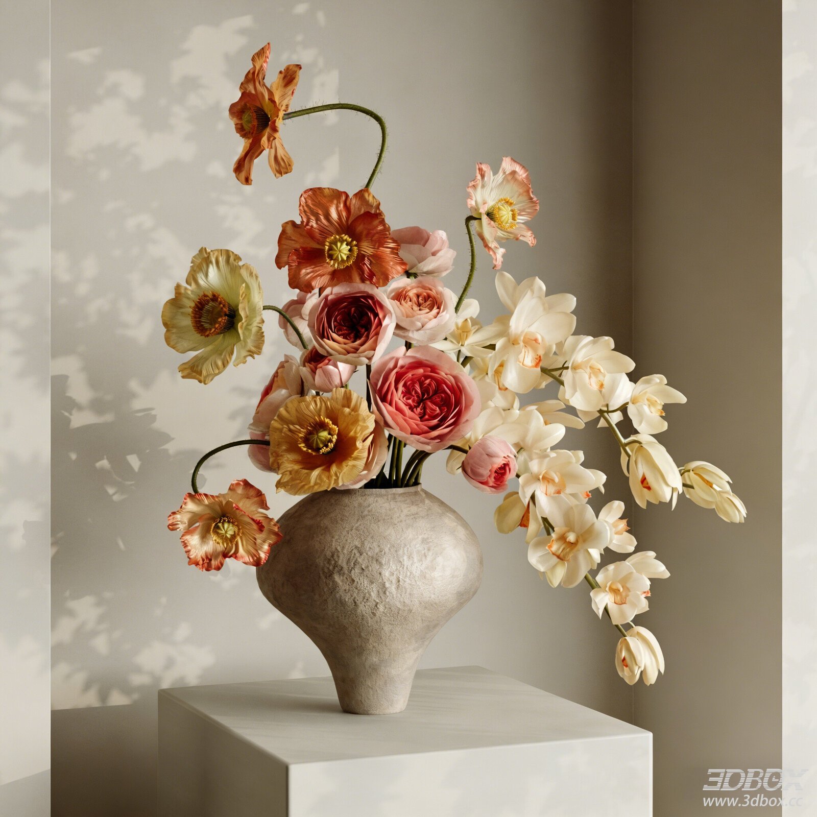 Wabi Sabi Ceramic Vase with Poppy Rose and Orchid Bouquet