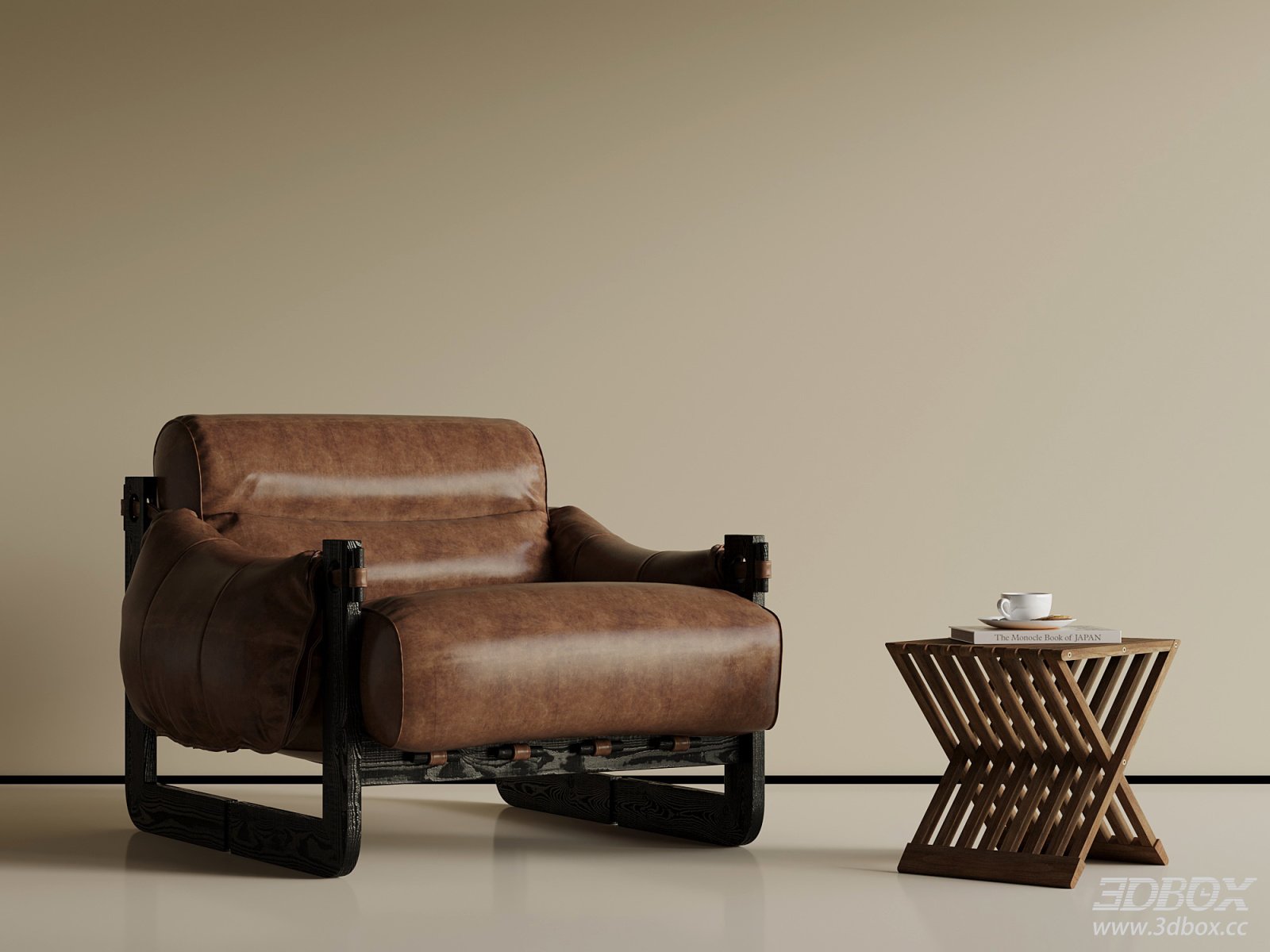 Vintage Leather Armchair with Wooden Side Table