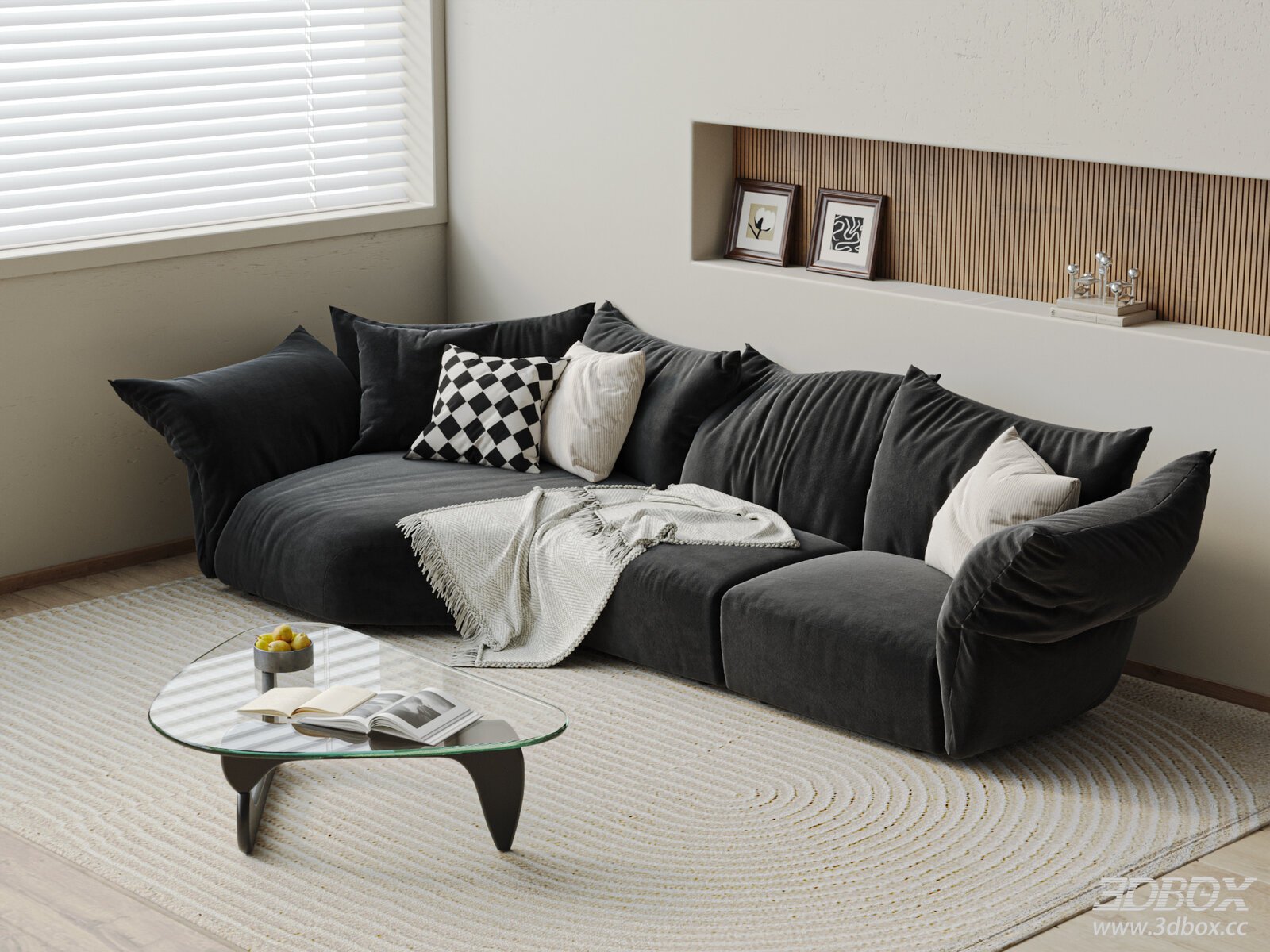 Modern Mid Century Fabric Sofa Set with Glass Coffee Table