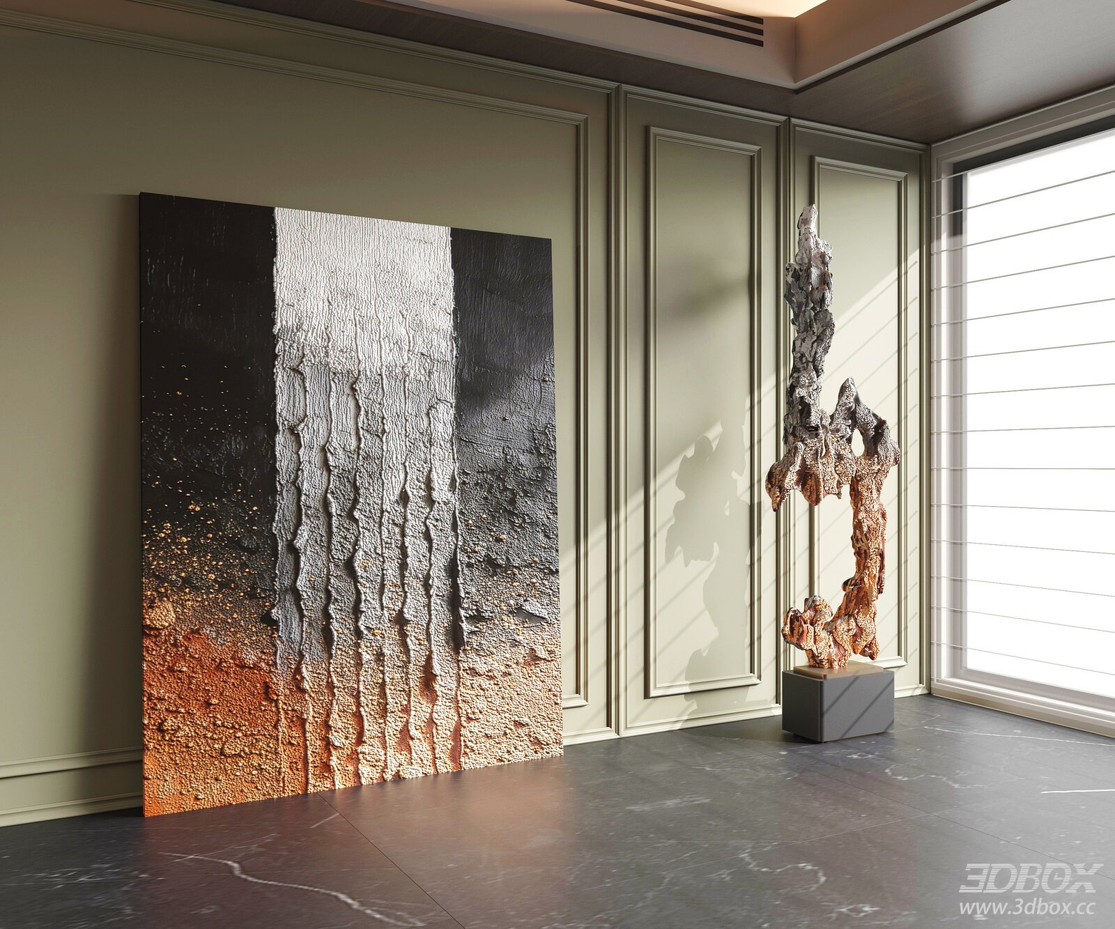 Modern Textured Floor Abstract Painting with Decor Sculpture