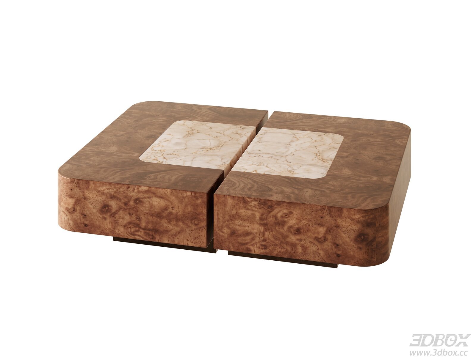 Modern Mid-Century Burl Wood Marble Inlay Coffee Table