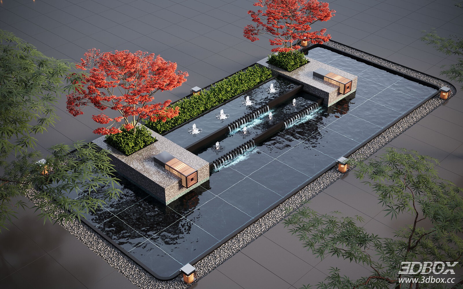 Modern Courtyard Water Feature with Red Maple Trees and Fountain