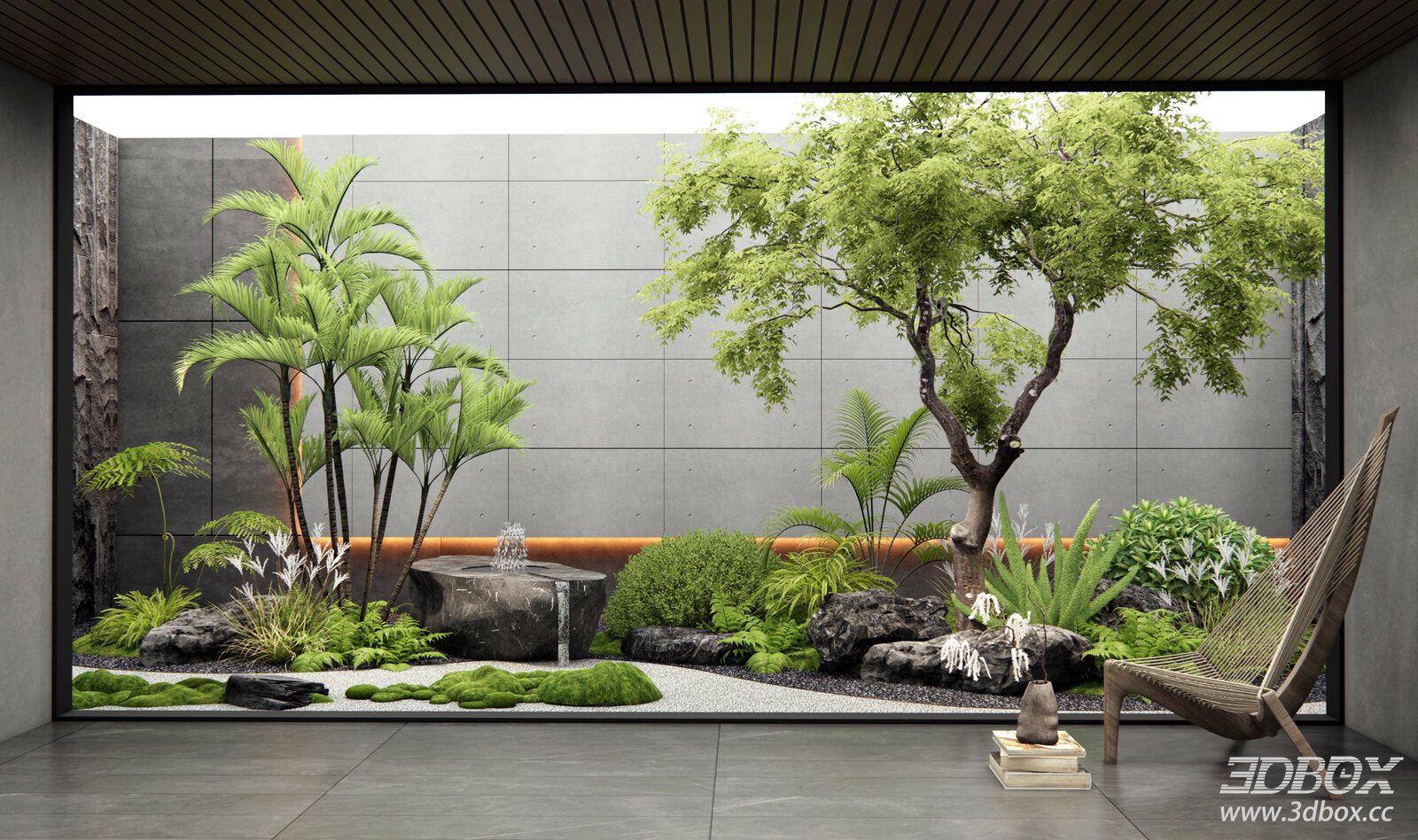 Modern Indoor Atrium Zen Garden Landscape Scene