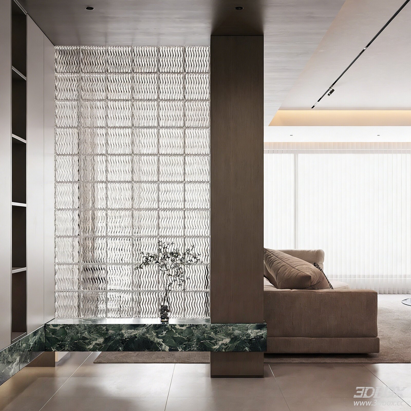 Modern Minimalist Villa Hallway Foyer with Glass Block Partition
