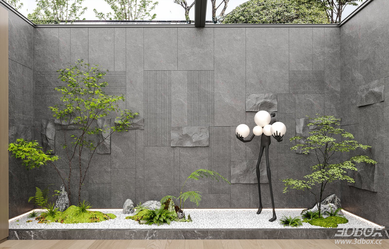Modern Indoor Atrium Landscape with Sculpture and Green Plants