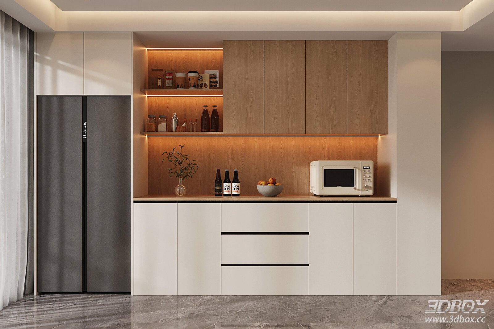 Modern Built-in Wine Cabinet with Refrigerator and Microwave