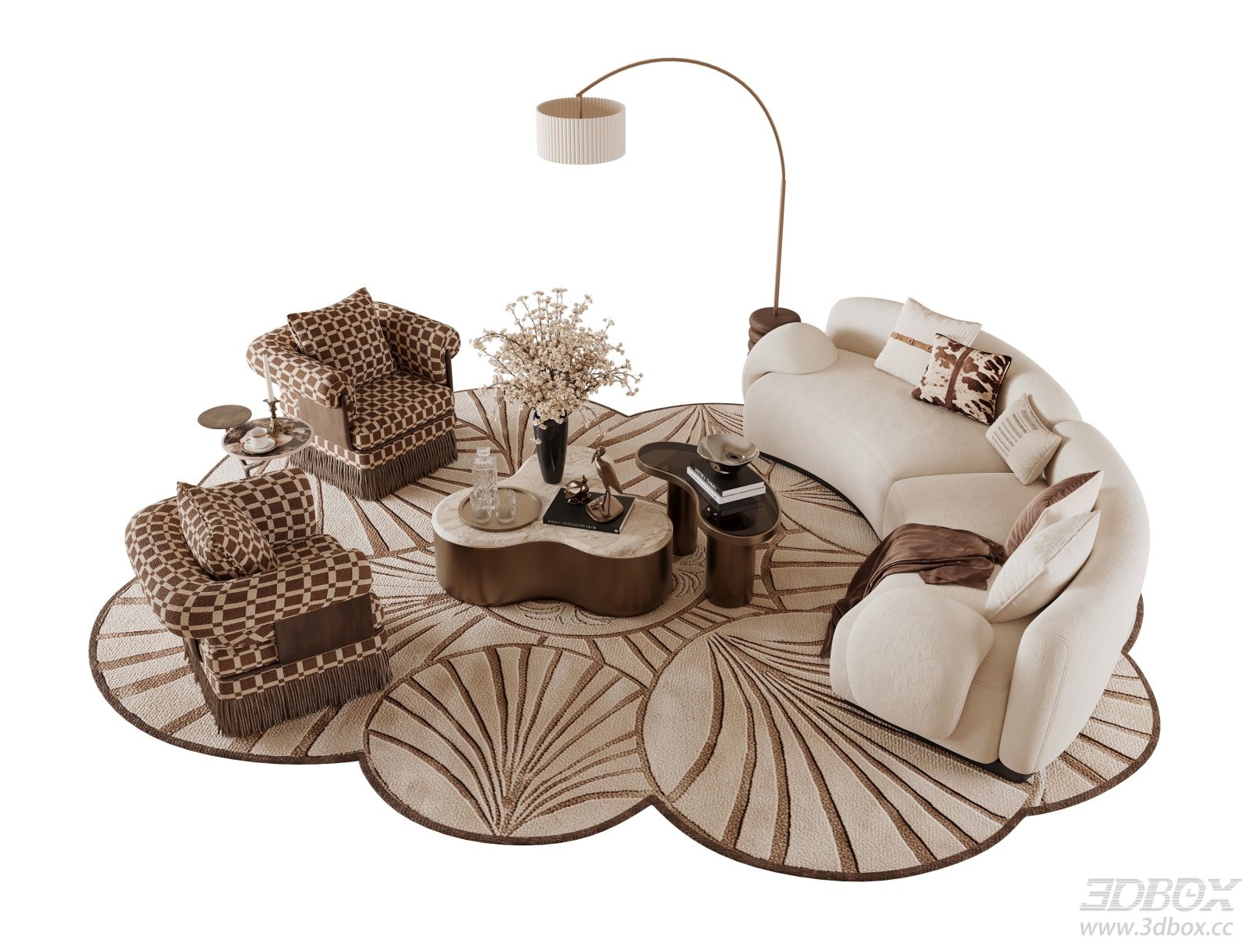 Mid-century Curved Sofa Set with Armchairs and Coffee Tables