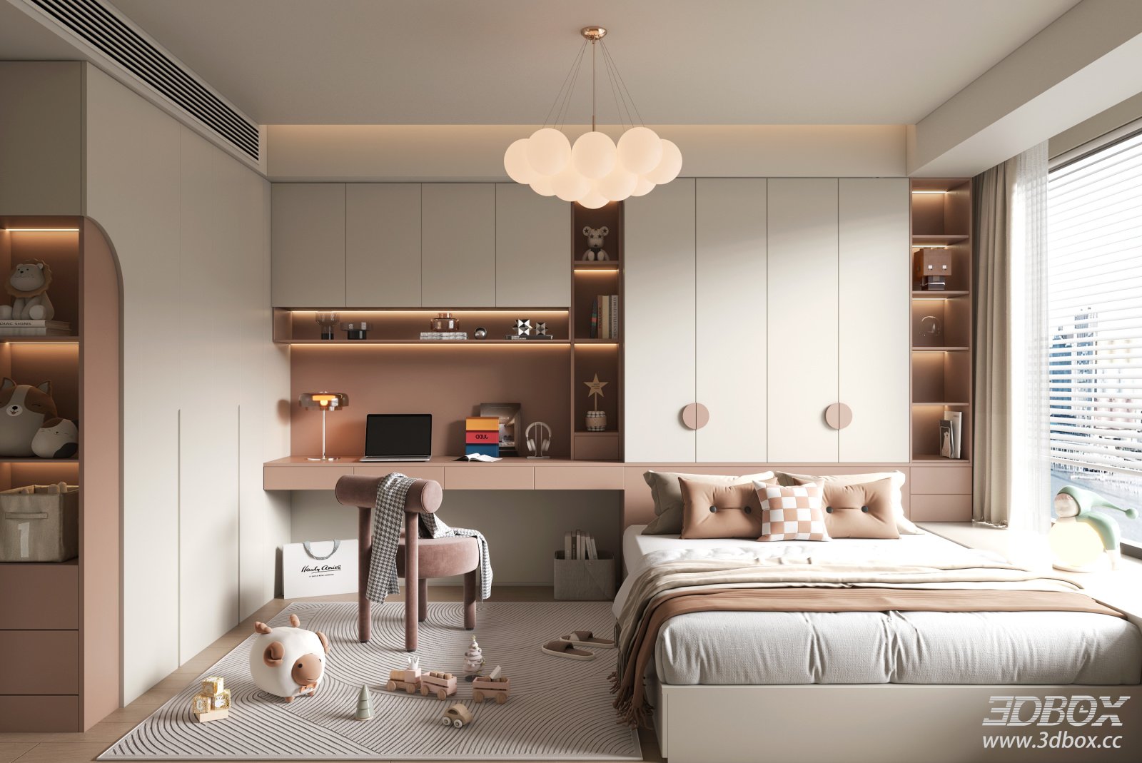 Modern Pink Beige Girl Kid Bedroom with Tatami Bed and Study Desk