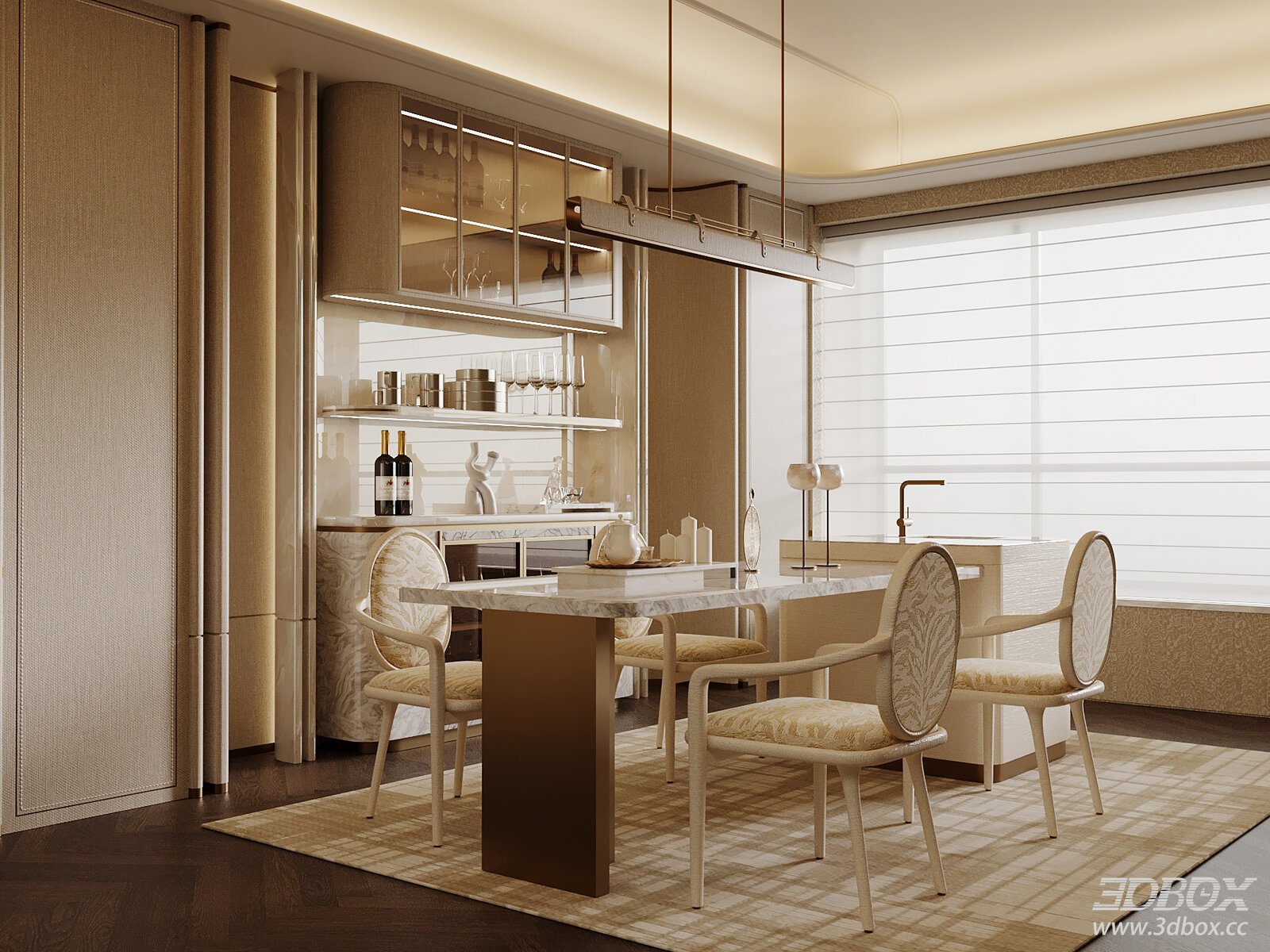 Modern Luxury Dining Room with Marble Table and Wine Cabinet