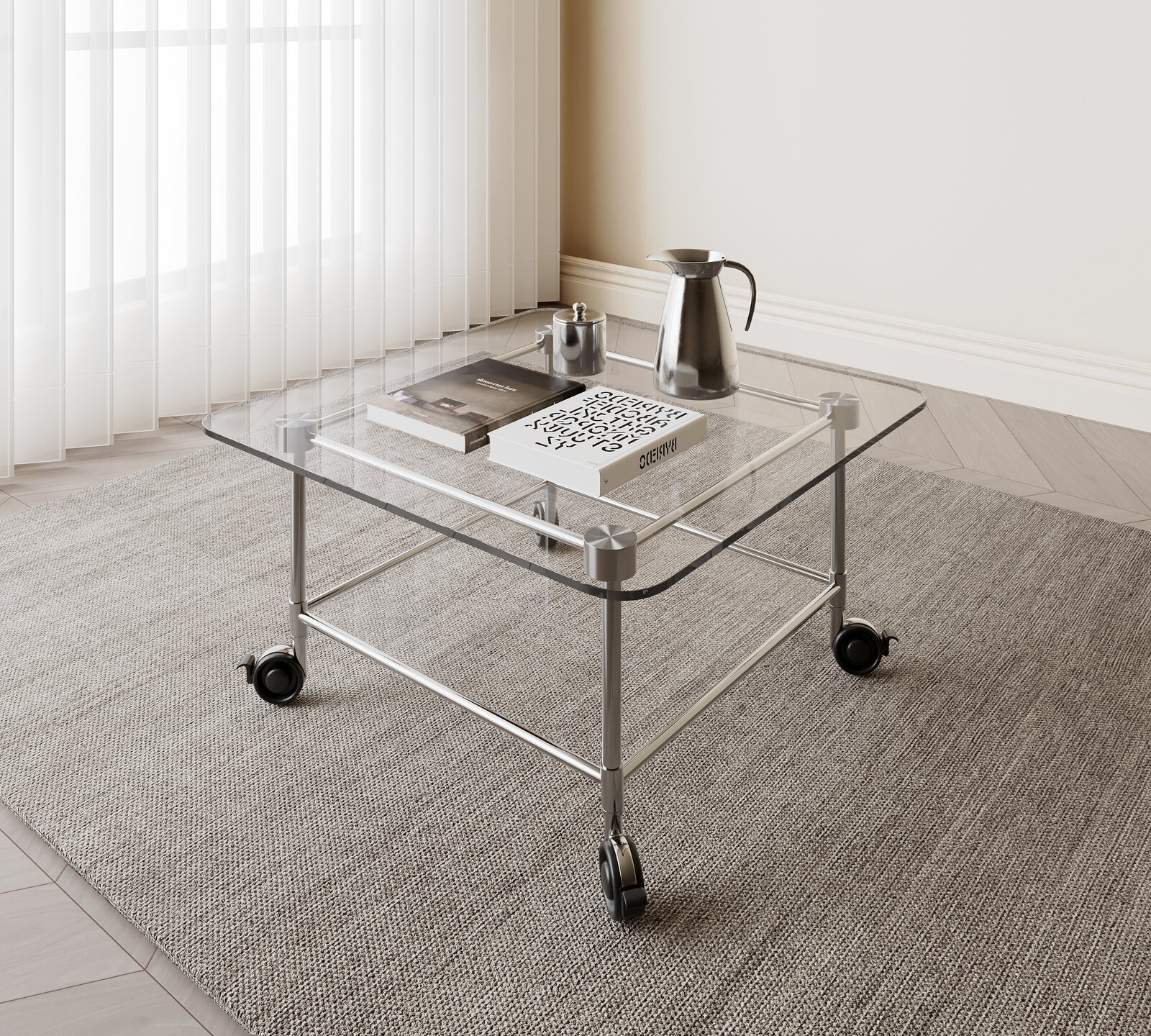 Modern Glass Rolling Coffee Table with Metal Frame
