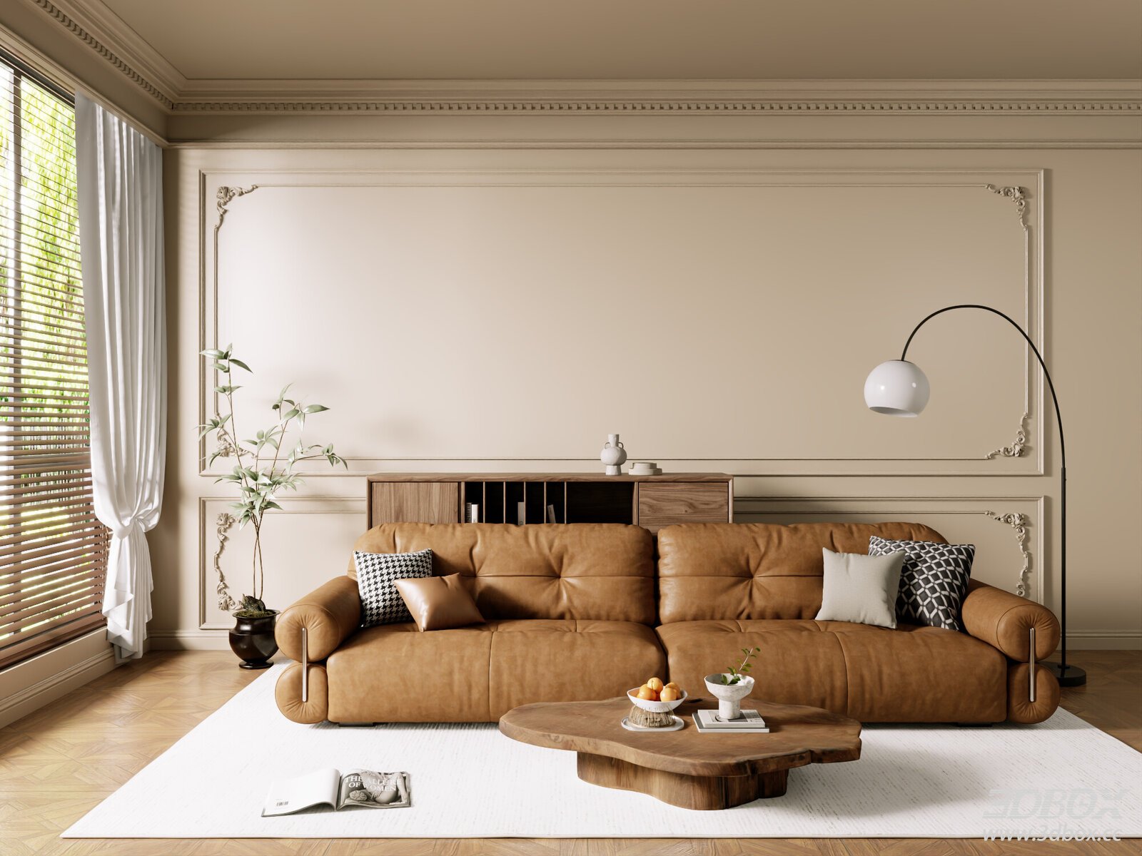 Vintage Leather Sofa Living Room Scene with Coffee Table