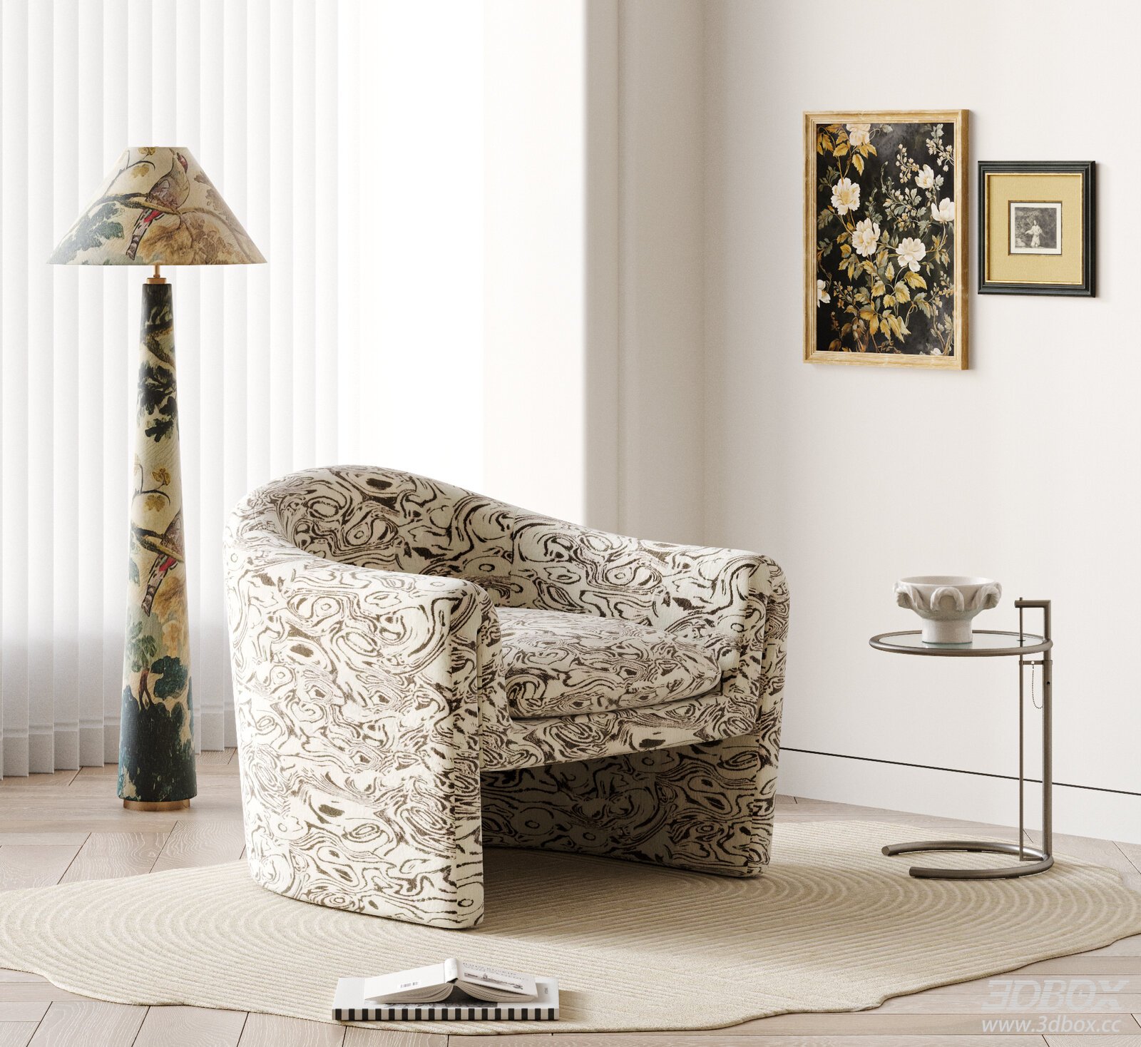 Vintage Fabric Armchair with Side Table and Floor Lamp Set