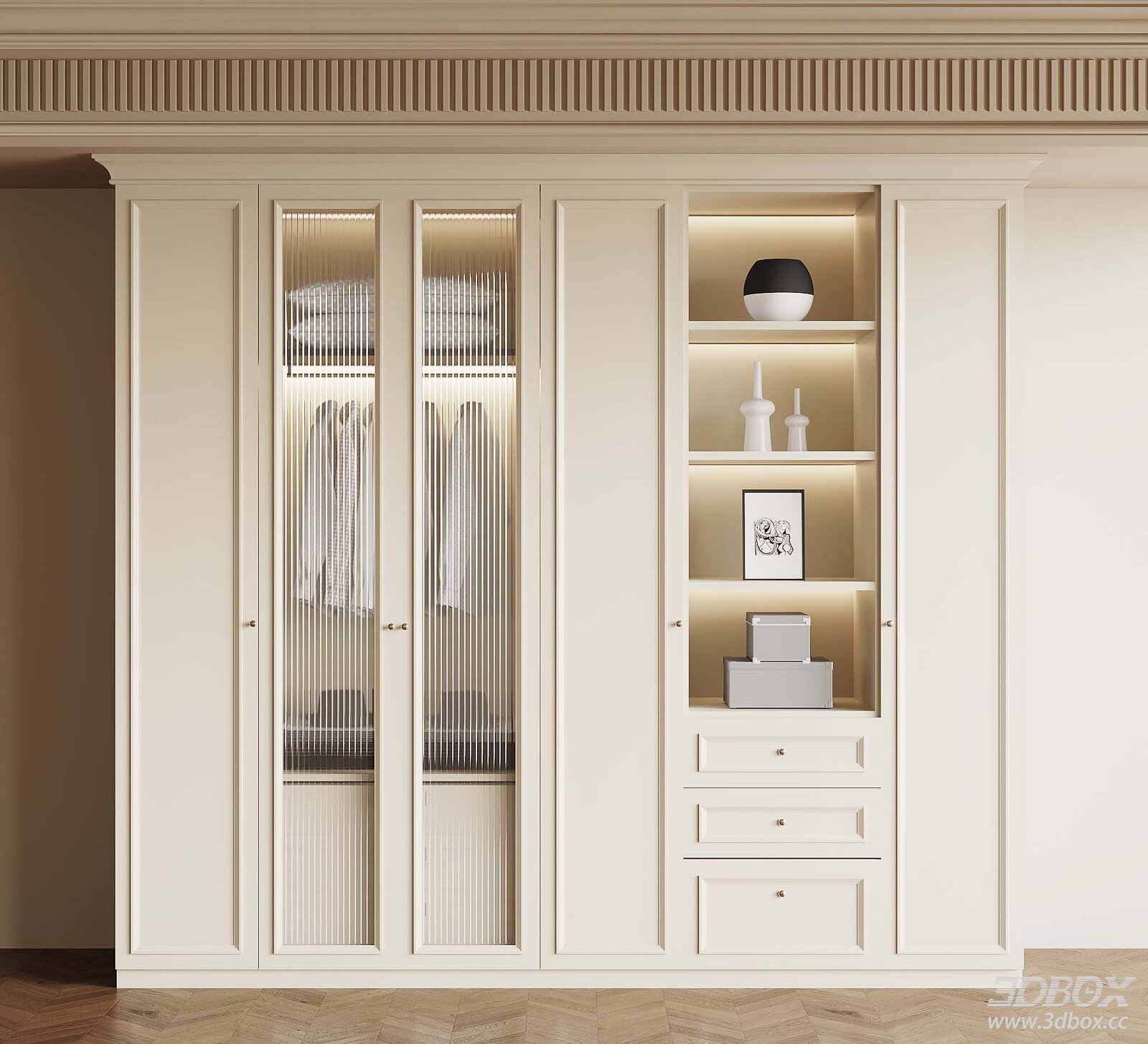 French Style Cream Wardrobe with Glass Doors and Drawers