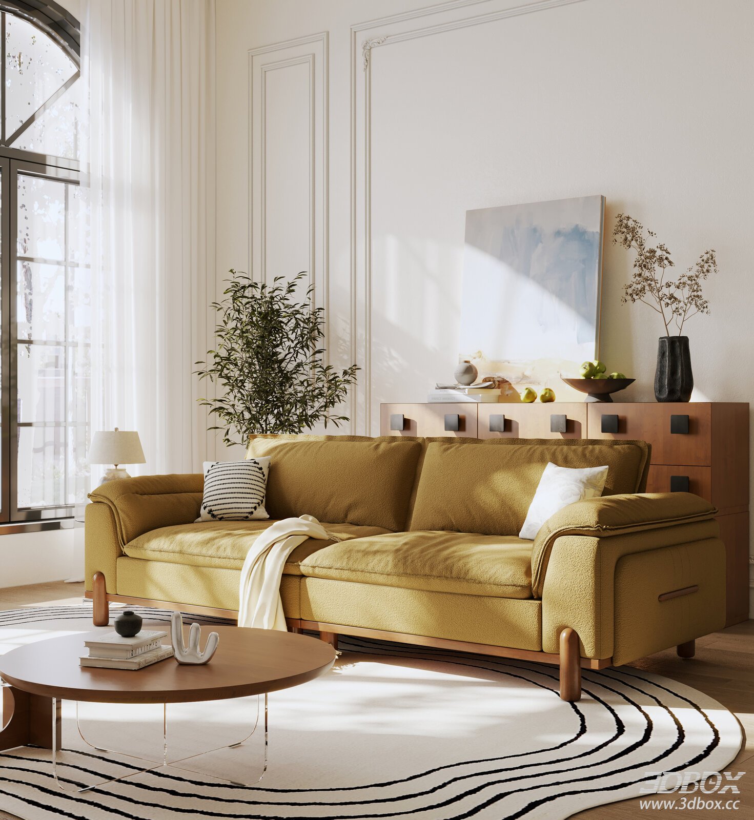 Mid Century Fabric Wooden Sofa Set Living Room