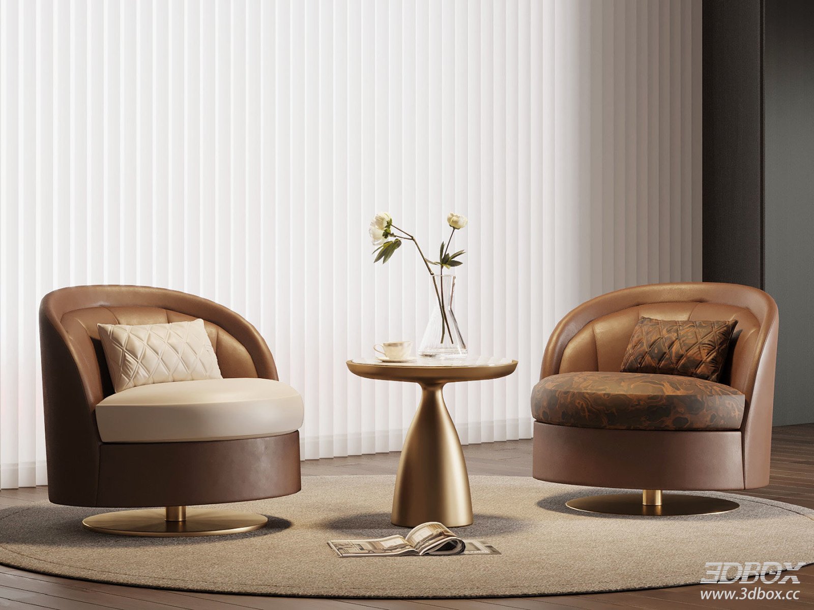 Modern Luxury Leather Swivel Armchair with Side Table Set