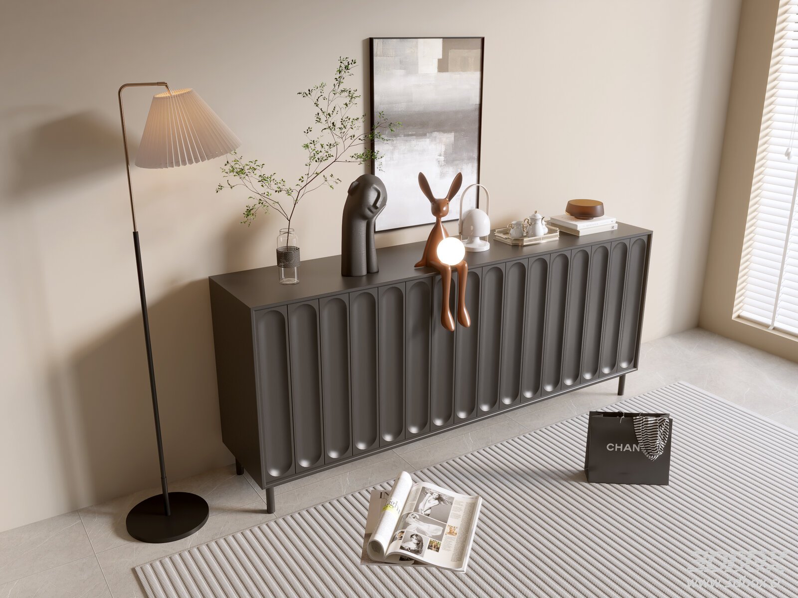 Modern Dark Grey Matte Sideboard with Decor Set